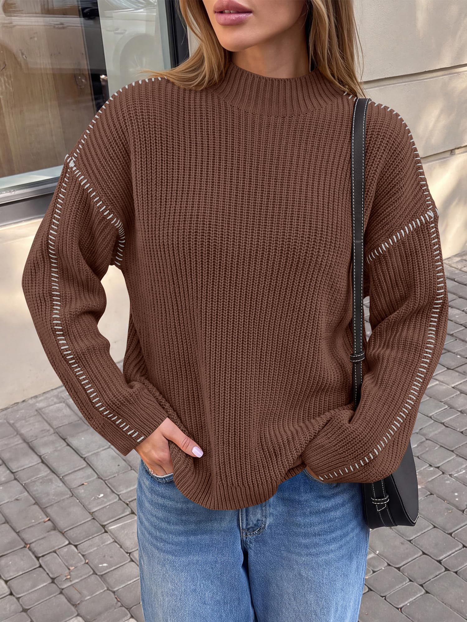 "BTFBM Womens Oversized Sweaters Contrast Chunky Knit Sweater Loose Fit Mock Neck Long Sleeve Tops, Soft Cozy Knitwear, Fall Fashion 2026, Casual Winter Clothing, Daily Going Out Outfits"