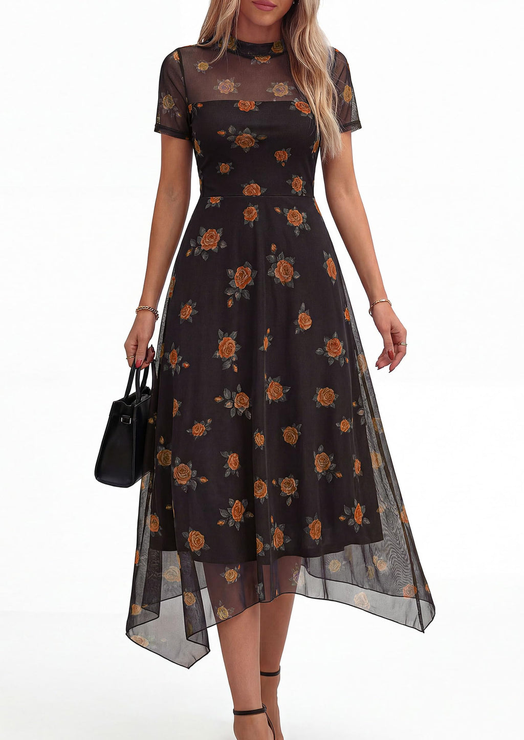 PRETTYGARDEN Cocktail Dresses for Women  Summer Short Sleeve Floral Mesh Sheer Midi Party Wedding Guest Dress