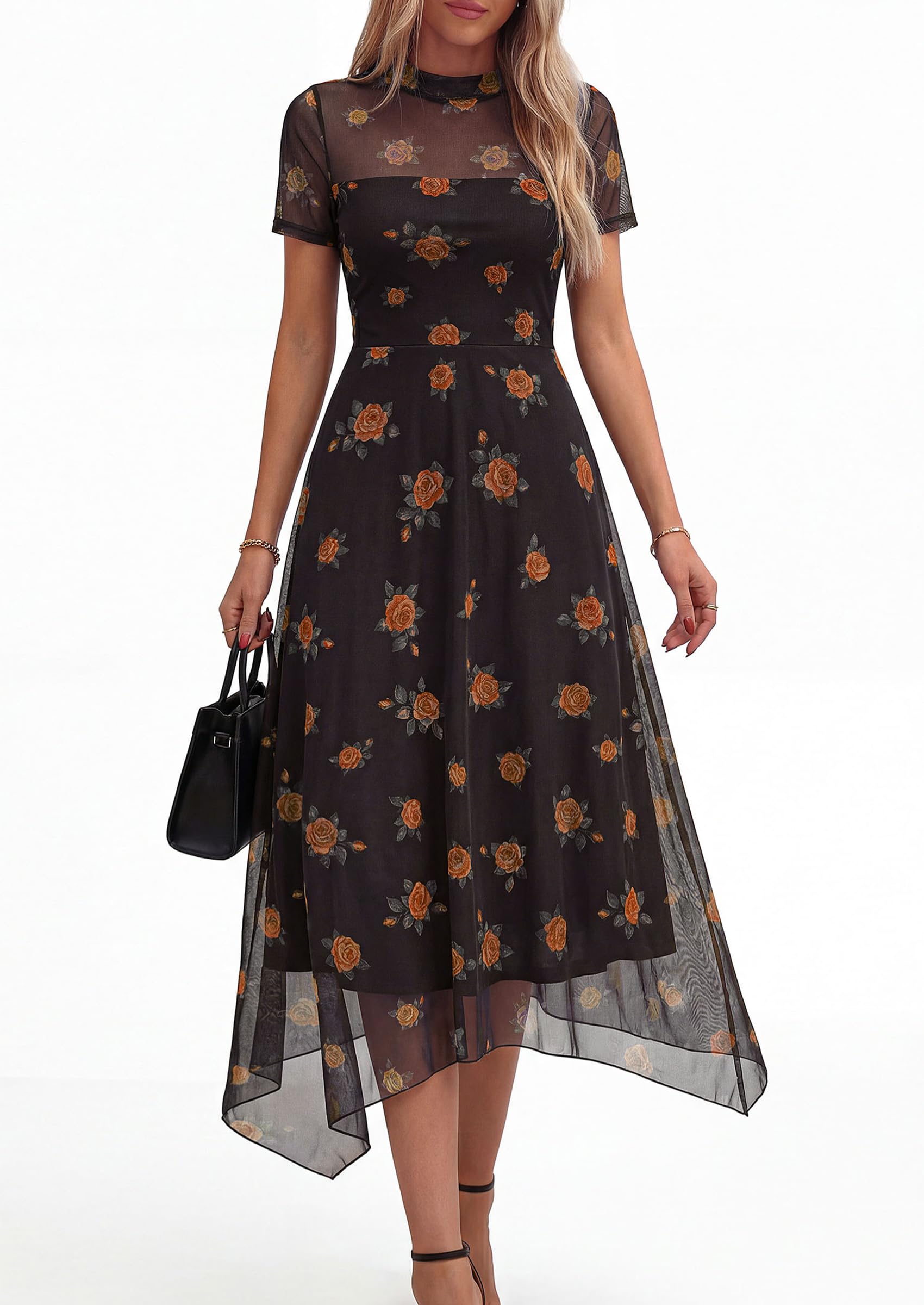 PRETTYGARDEN Cocktail Dresses for Women  Summer Short Sleeve Floral Mesh Sheer Midi Party Wedding Guest Dress