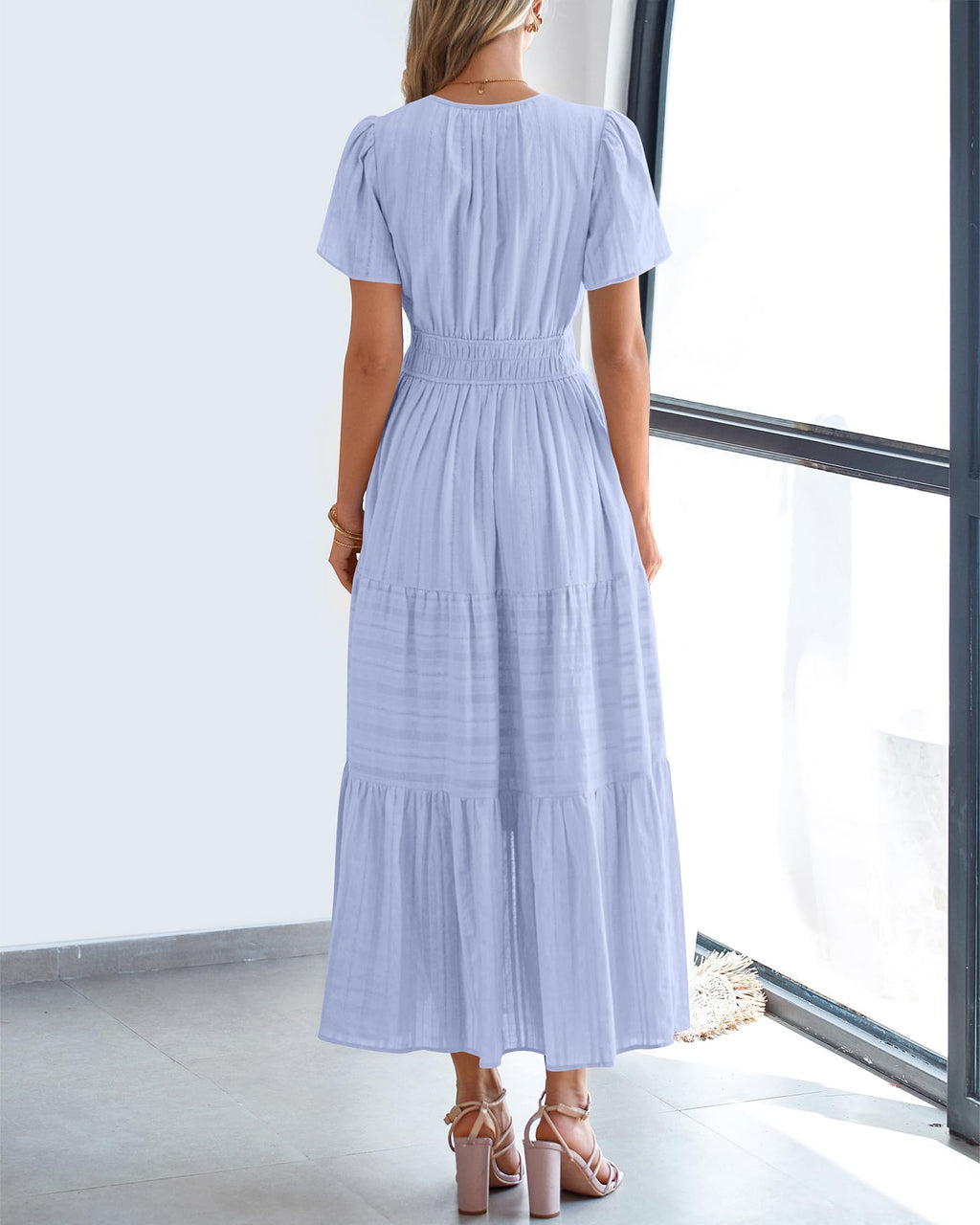 FreshPretty Womens Summer Casual Midi Maxi Dresses Lightweight Short Sleeve V Neck Elastic Waist Boho Beach Dress Pockets