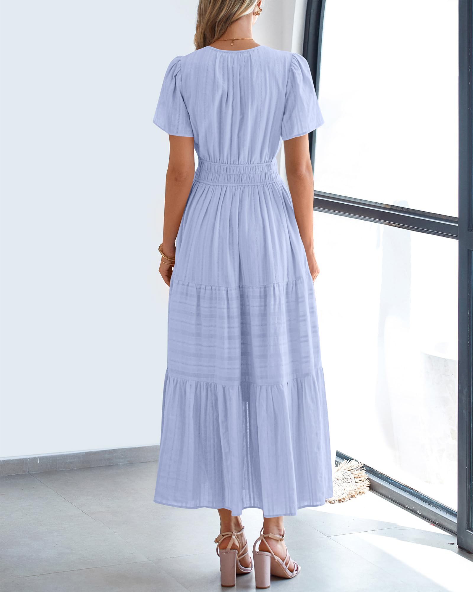 FreshPretty Womens Summer Casual Midi Maxi Dresses Lightweight Short Sleeve V Neck Elastic Waist Boho Beach Dress Pockets