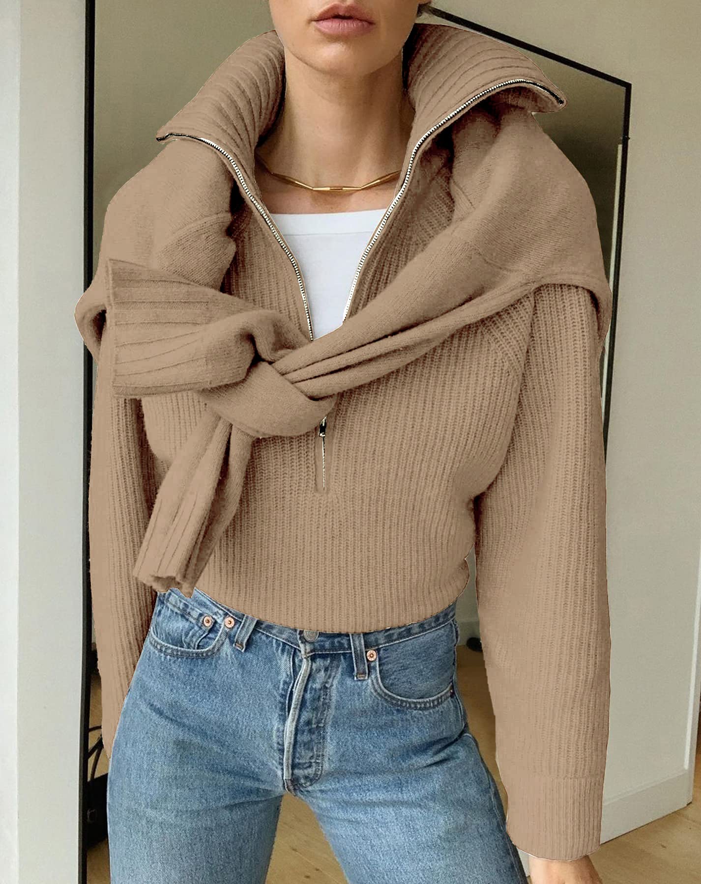 FreshPretty Womens Sweaters Quarter Zip Pullover V Neck Collar Long Sleeve Ribbed Knit Loose Casual Winter Fall Sweater