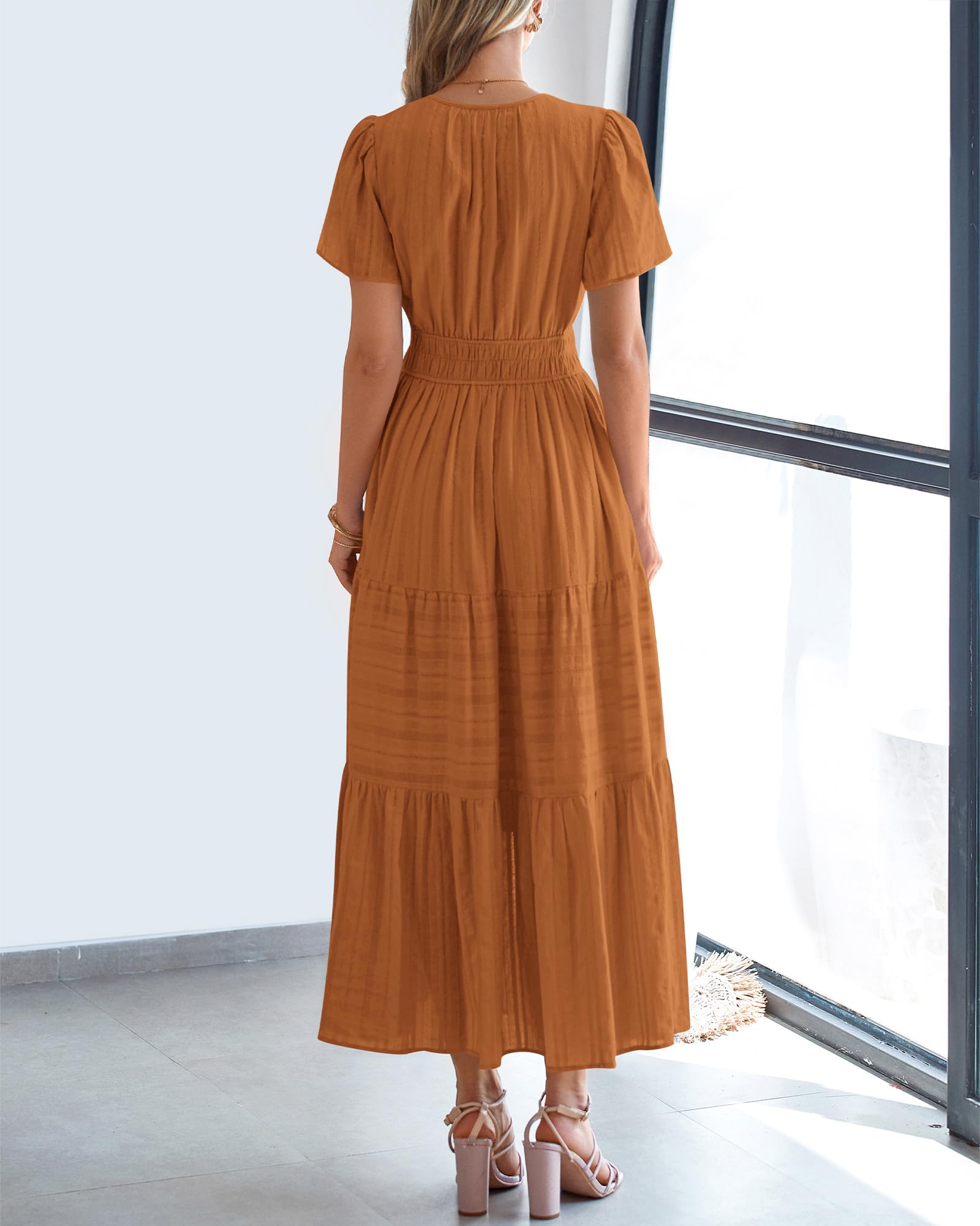 BTFBM Womens Summer Casual Midi Maxi Dresses Lightweight Short Sleeve V Neck Elastic Waist Boho Beach Dress Pockets