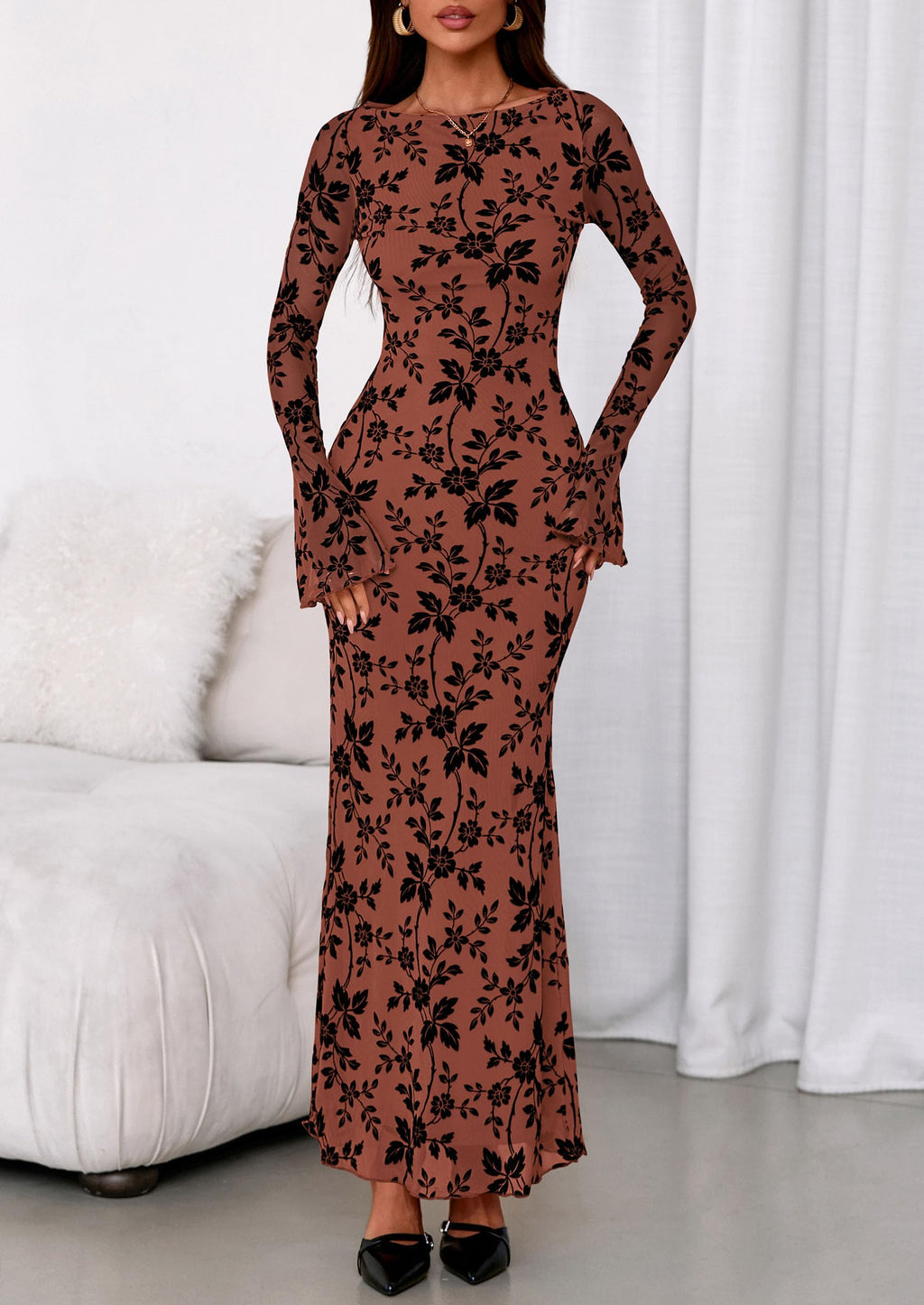 PRETTYGARDEN Women's Floral Bodycon Maxi Dress Fall Elegant Mesh Long Sleeve Formal Wedding Guest Cocktail Dresses