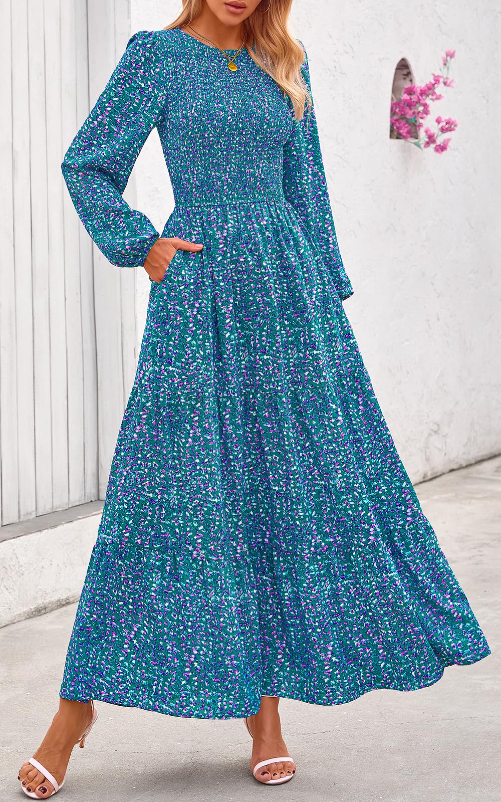 PRETTYGARDEN Women's Fall Dresses Long Sleeve Flowy Casual Floral Maxi Dress Crew Neck Smocked Tiered Long Dress