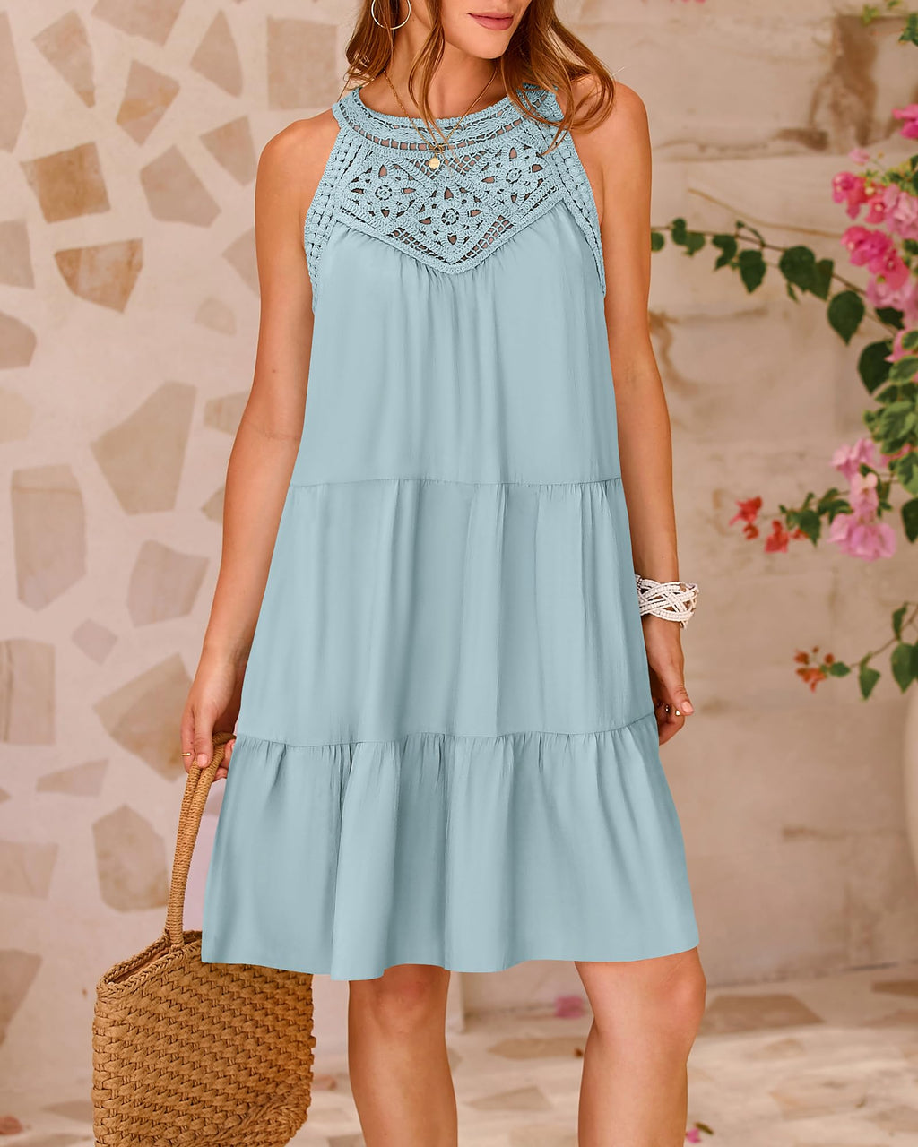 PRETTYGARDEN  Women Summer Dresses Casual Spring Clothes Sleeveless Halter Neck A-Line Tiered Mini Dress Beach Sundress