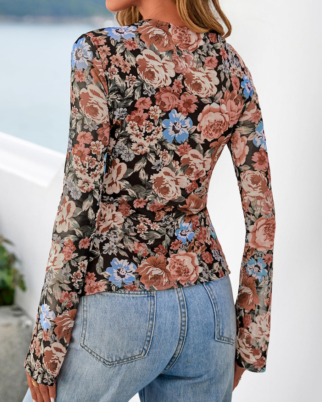 BTFBM Button Down Shirts for Women Spring Boho Tops V Neck Long Sleeve Blouses Ruched Mesh Fitted Fall Fashion