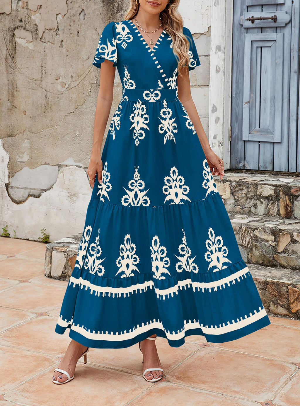 PRETTYGARDEN Womens Summer Casual V Neck Boho Maxi Dress Flowy Aline Bell Sleeve Tiered Floral Dresses with Pocket