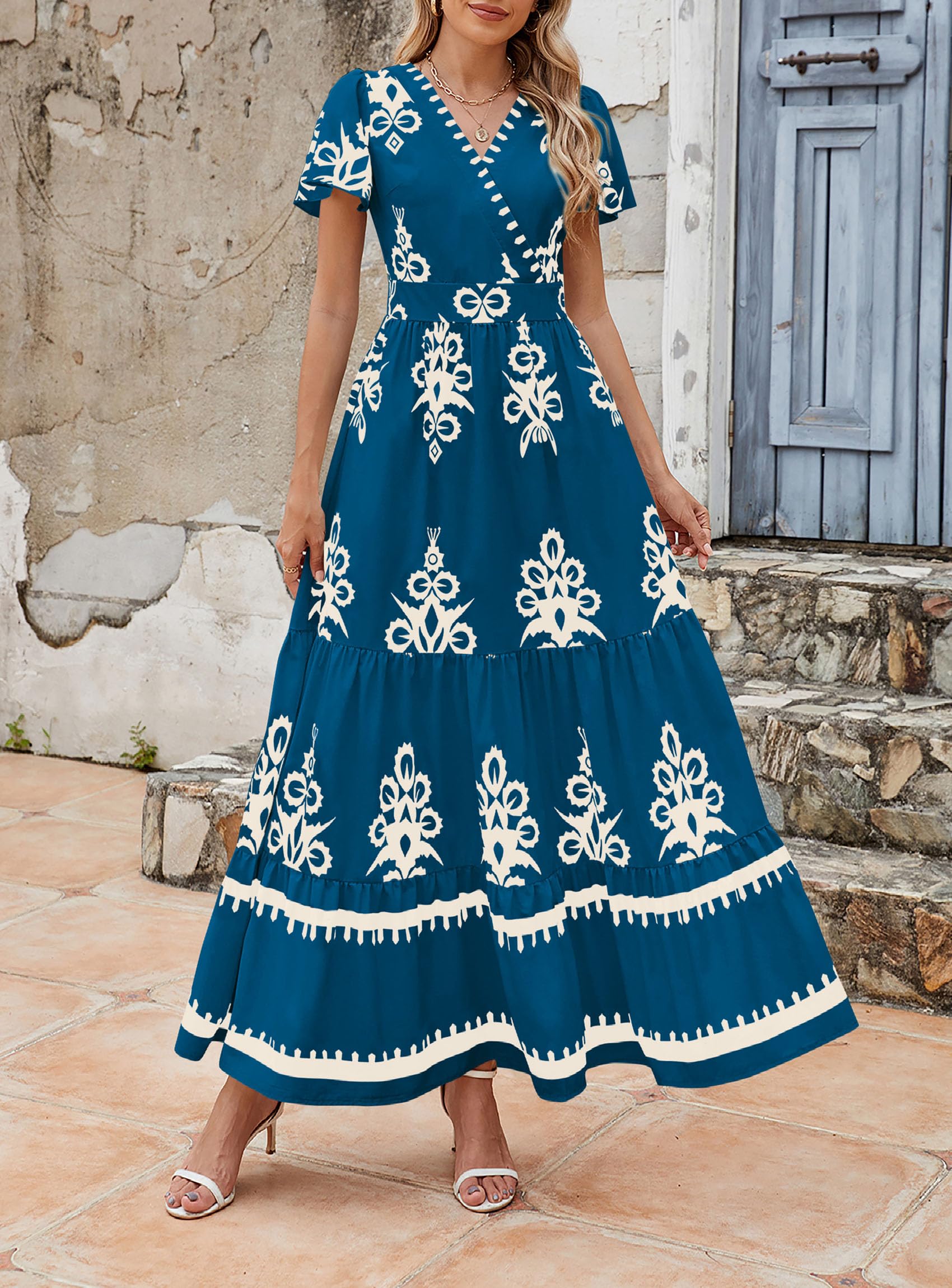 PRETTYGARDEN Womens Summer Casual V Neck Boho Maxi Dress Flowy Aline Bell Sleeve Tiered Floral Dresses with Pocket