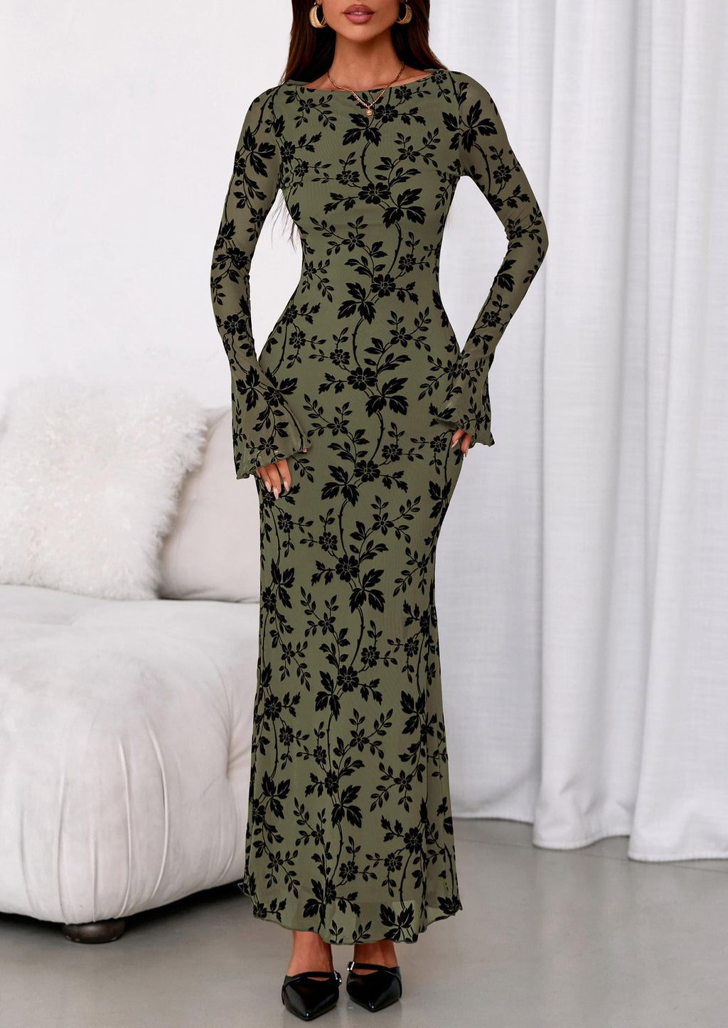 PRETTYGARDEN Women's Floral Bodycon Maxi Dress Fall Elegant Mesh Long Sleeve Formal Wedding Guest Cocktail Dresses