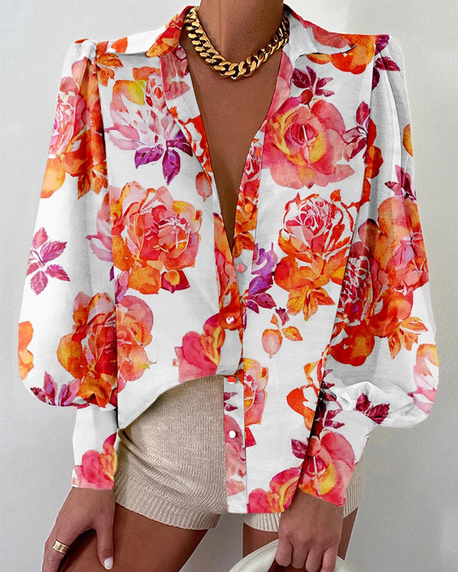 BTFBM Women Fashion Button Down Shirts V Neck Boho Printed Long Sleeve Blouses Dressy Casual Spring Fall Tops