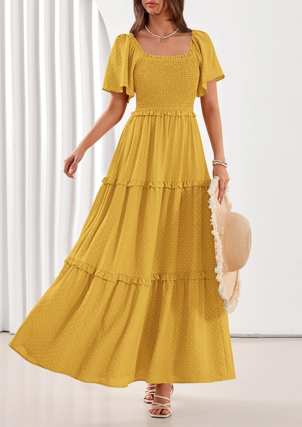 PRETTYGARDEN Summer Dresses for Women Boho Swiss Dot Smocked Square Neck Short Sleeve Spring Wedding Guest Maxi Dress