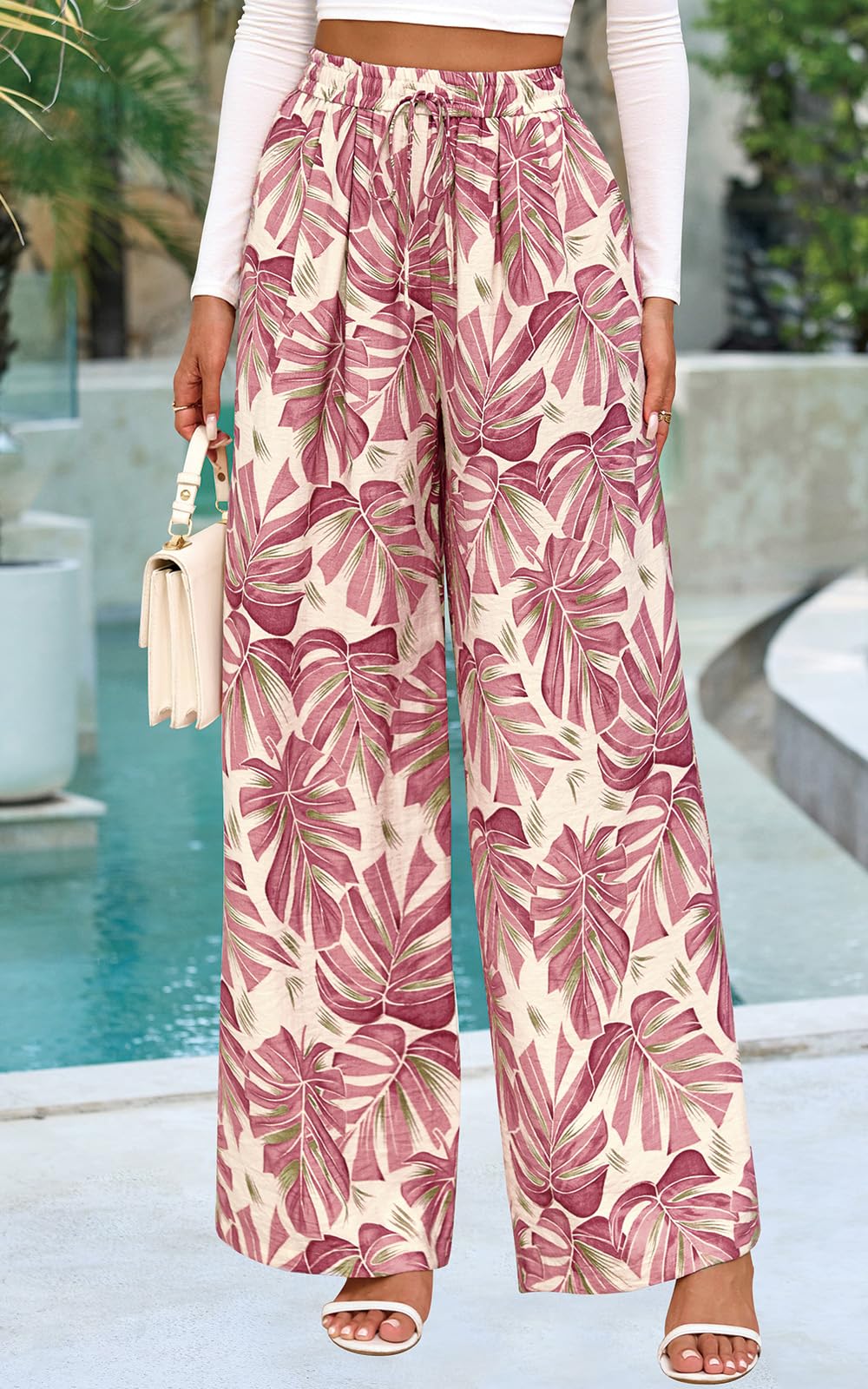 PRETTYGARDEN Womens Pants Elastic Waist Floral Lightweight Palazzo Pants for Women Casual Lounge Wide Leg Pants Woman