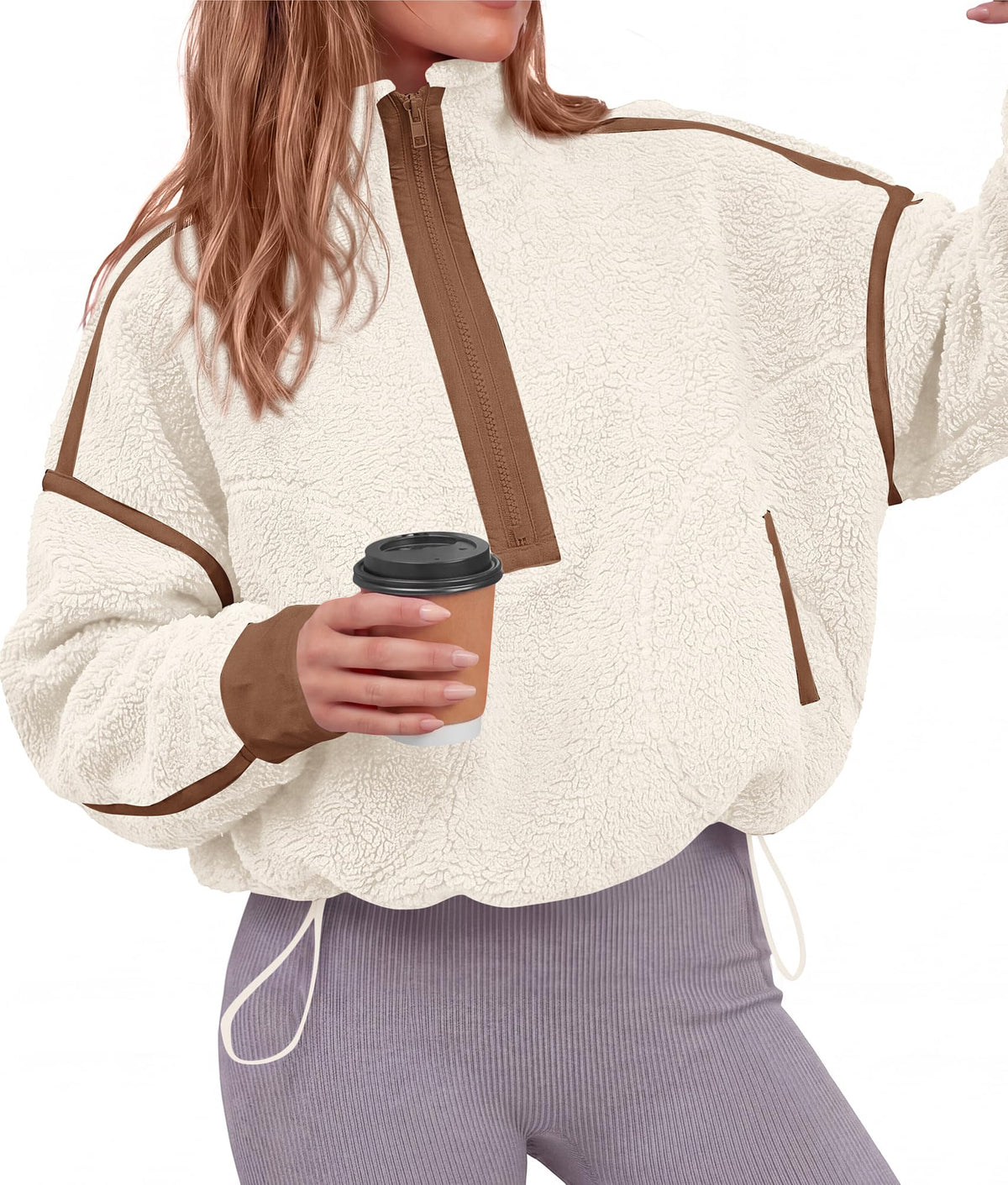 FreshPretty Womens Half Zip Fleece Pullover Sherpa Sweatshirts,Quarter Zip Cropped Jackets With Drawstring,Loose Fit Sweater Tops,Color Block Winter Coats,Trendy Fall Clothes