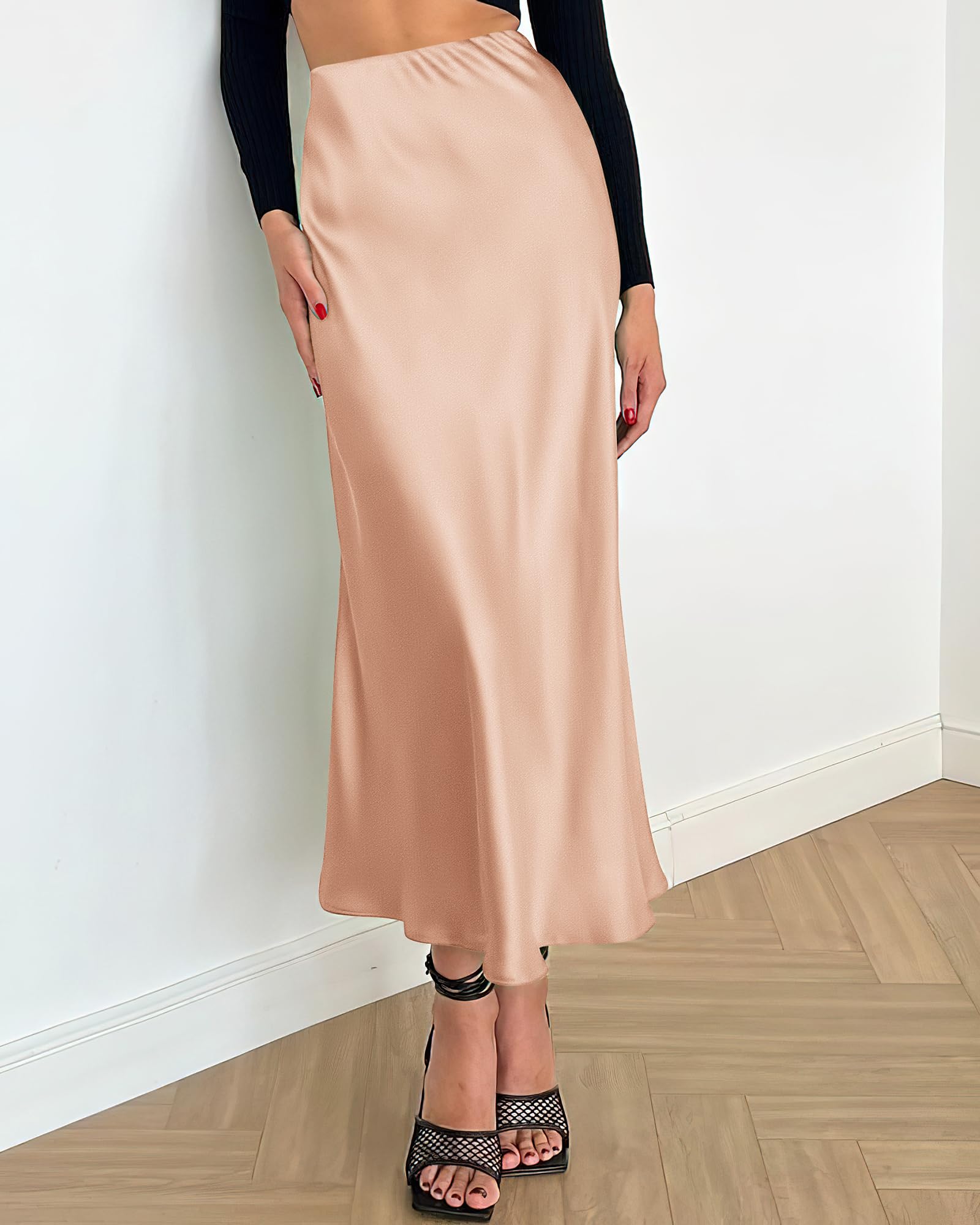 BTFBM Summer Womens Skirts Silk Elegant High Waist Flowy Long Satin A-Line Midi Skirt Cocktail Wedding Party