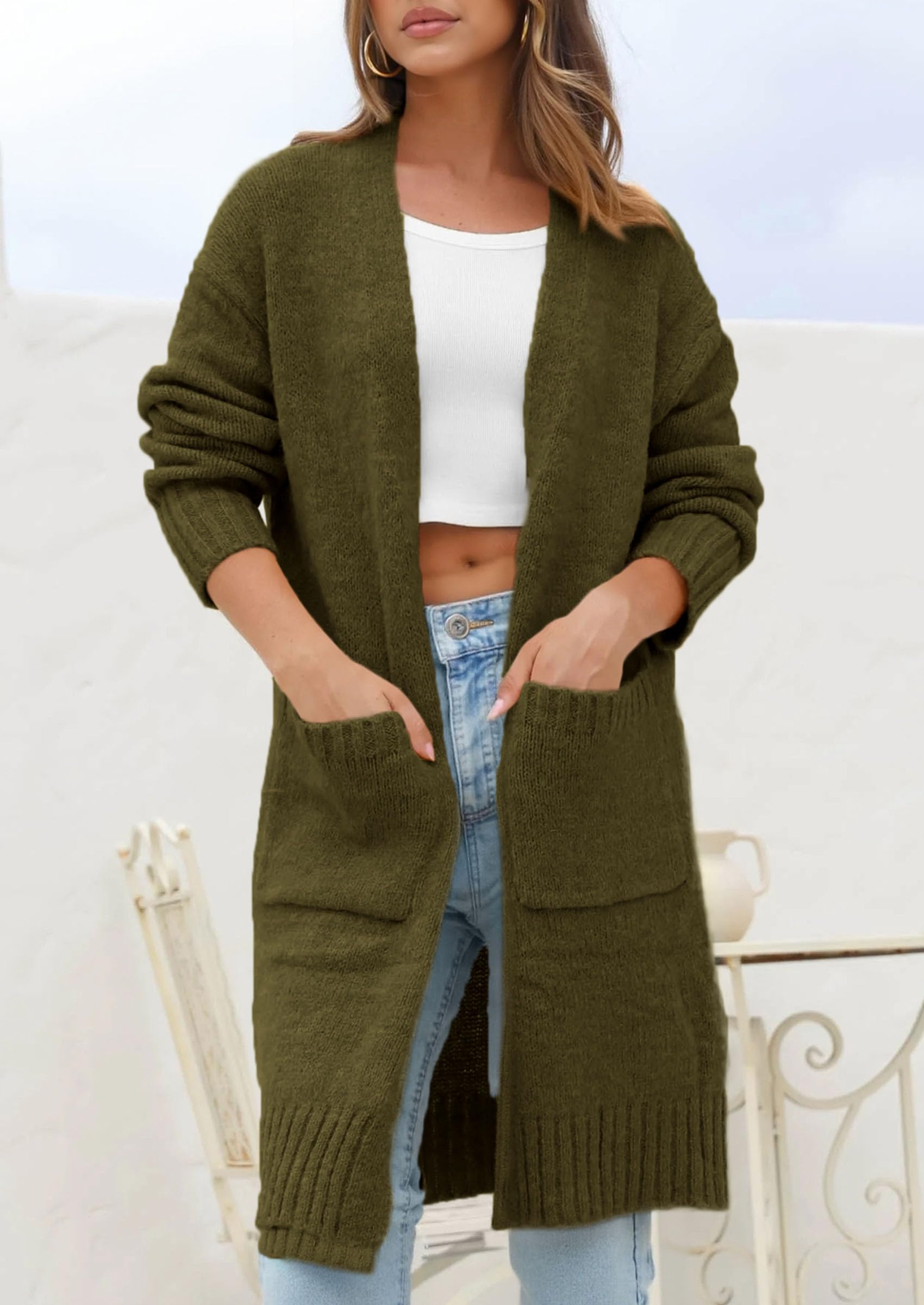 PRETTYGARDEN Fall Long Sleeve Cardigan Sweaters for Women Trendy Winter Open Front Loose Knitted Cardigans with Pockets