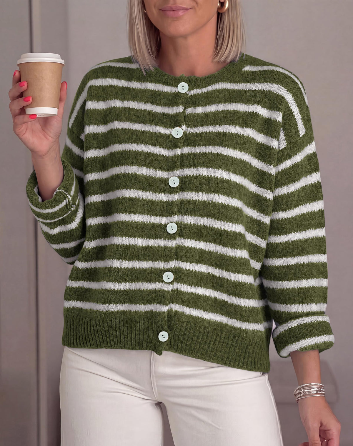 FreshPretty Women's Chunky Knit Striped Cardigan Sweaters Casual Button Front,Long Sleeve Knit Cardigan,Soft Loose Fit Sweaters for Business Casual Work,Fall Winter Outerwear Layering