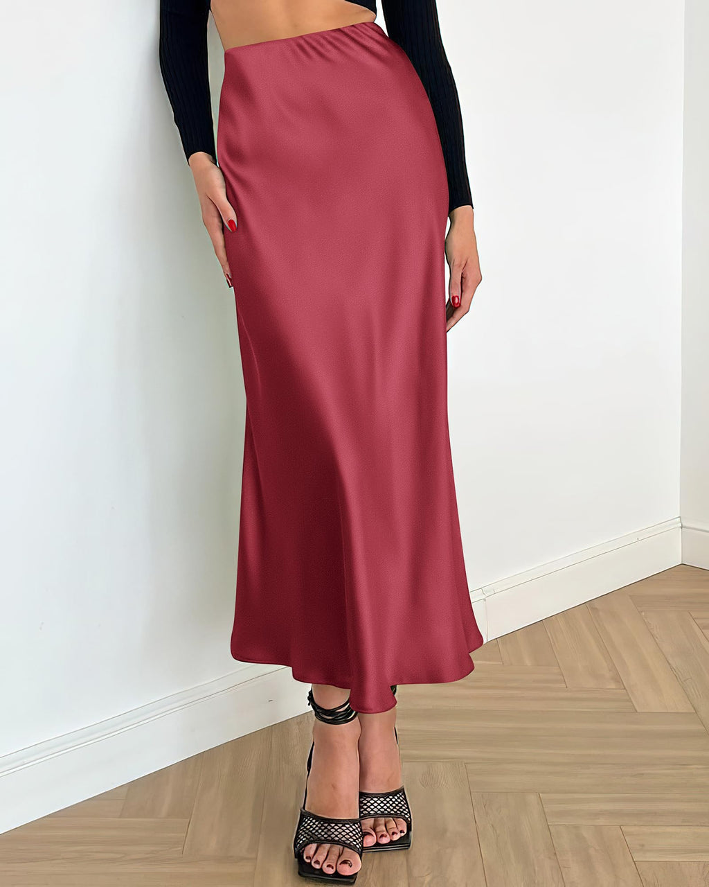 BTFBM Summer Womens Skirts Silk Elegant High Waist Flowy Long Satin A-Line Midi Skirt Cocktail Wedding Party