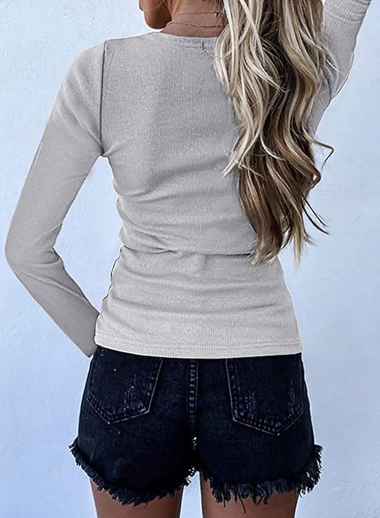 FreshPretty Women Long Sleeve Shirts Fall Tops V Neck Button Up Henley Shirts Slim Fit Ribbed Knit Spring Casual T-Shirts