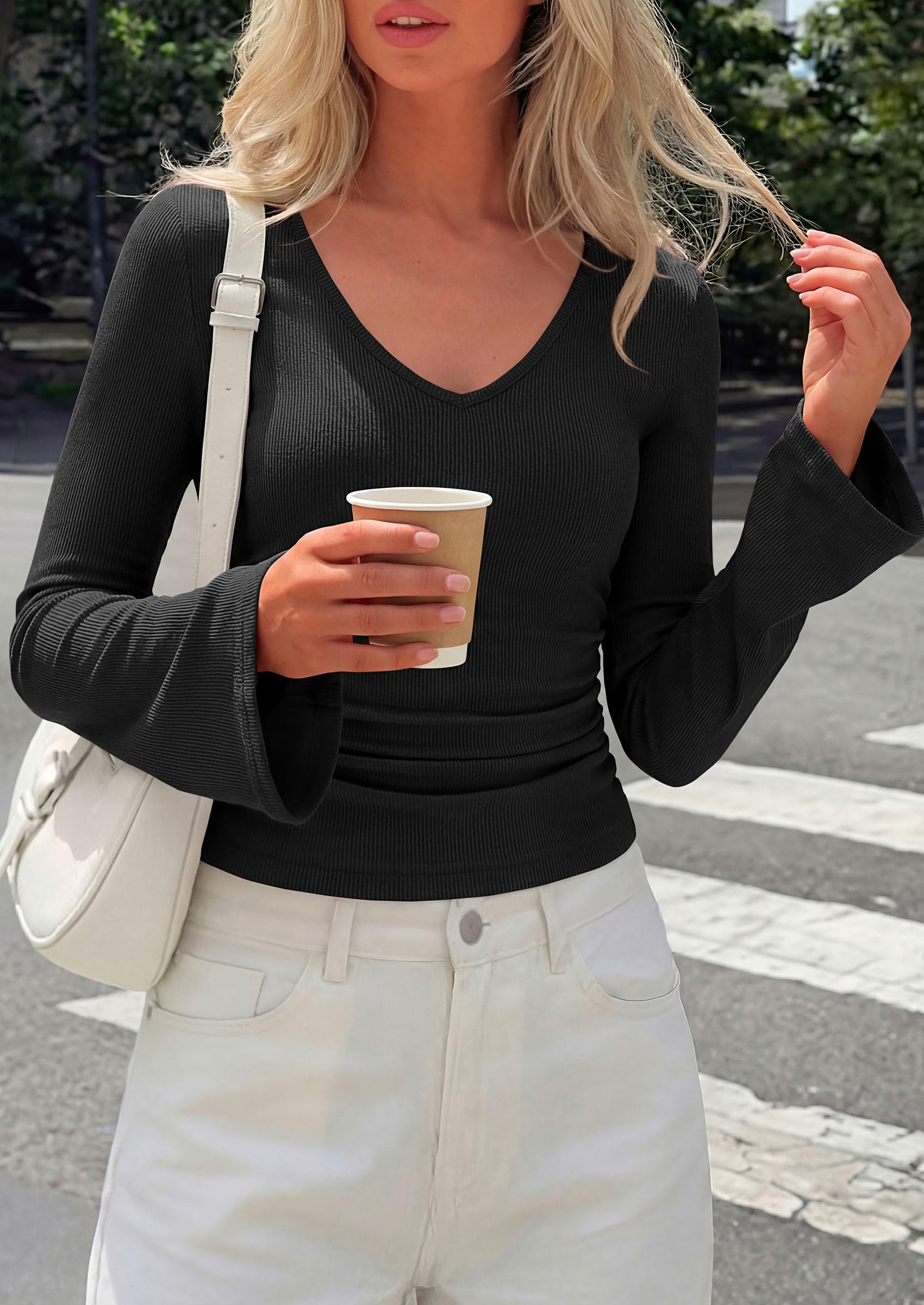 PRETTYGARDEN Women's Fall Trendy Bell Long Sleeve Tops | Soft Stretchy,Ribbed Textured,V Neck,Slim Fitted Shirts,Ruched Basic Tees,Y2K Going Out,Casual Outfits,Fashion Clothing