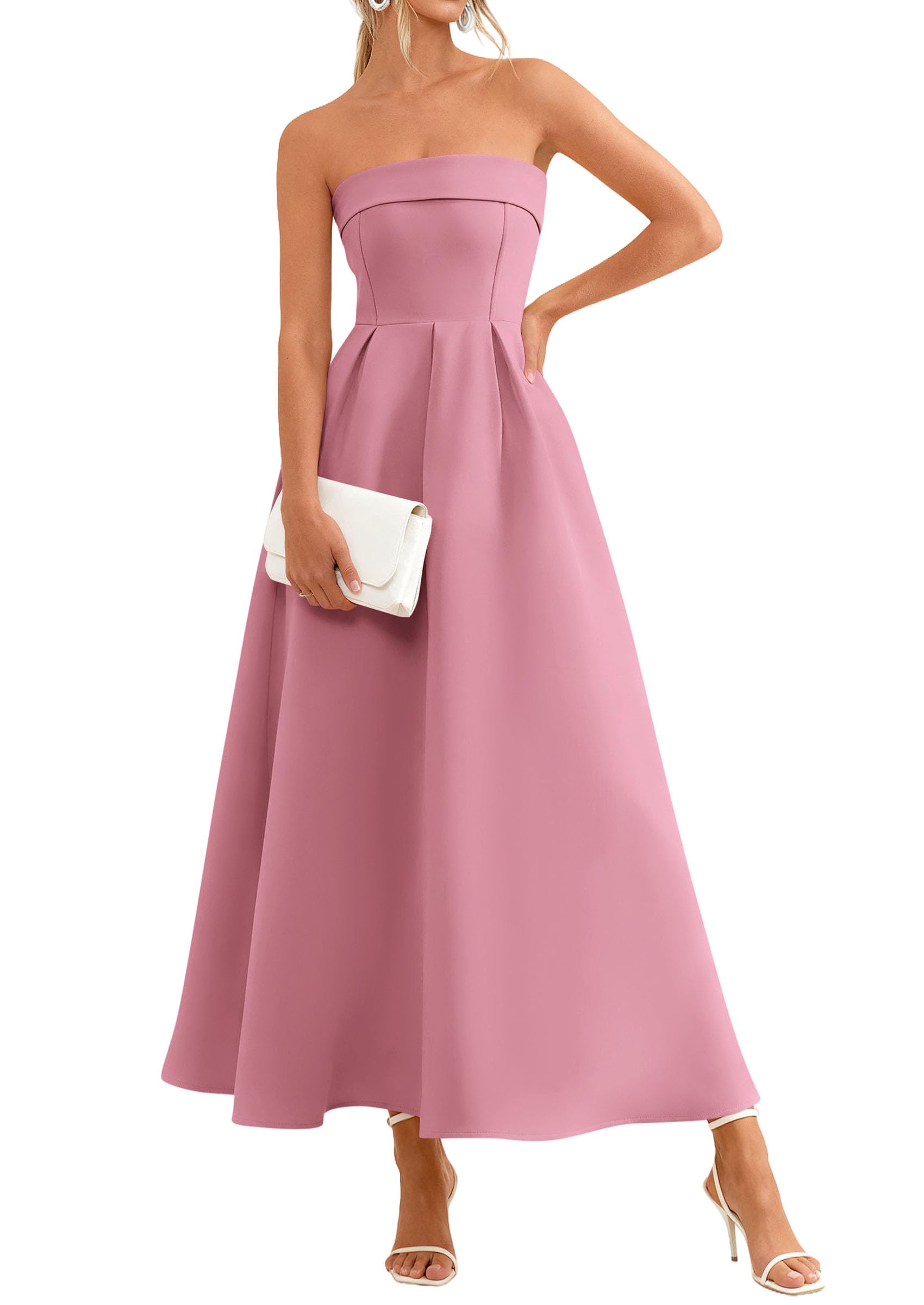 PRETTYGARDEN Cocktail Dresses for Women Summer Formal Elegant Tube Top Strapless Spring Wedding Guest Party Midi Dress