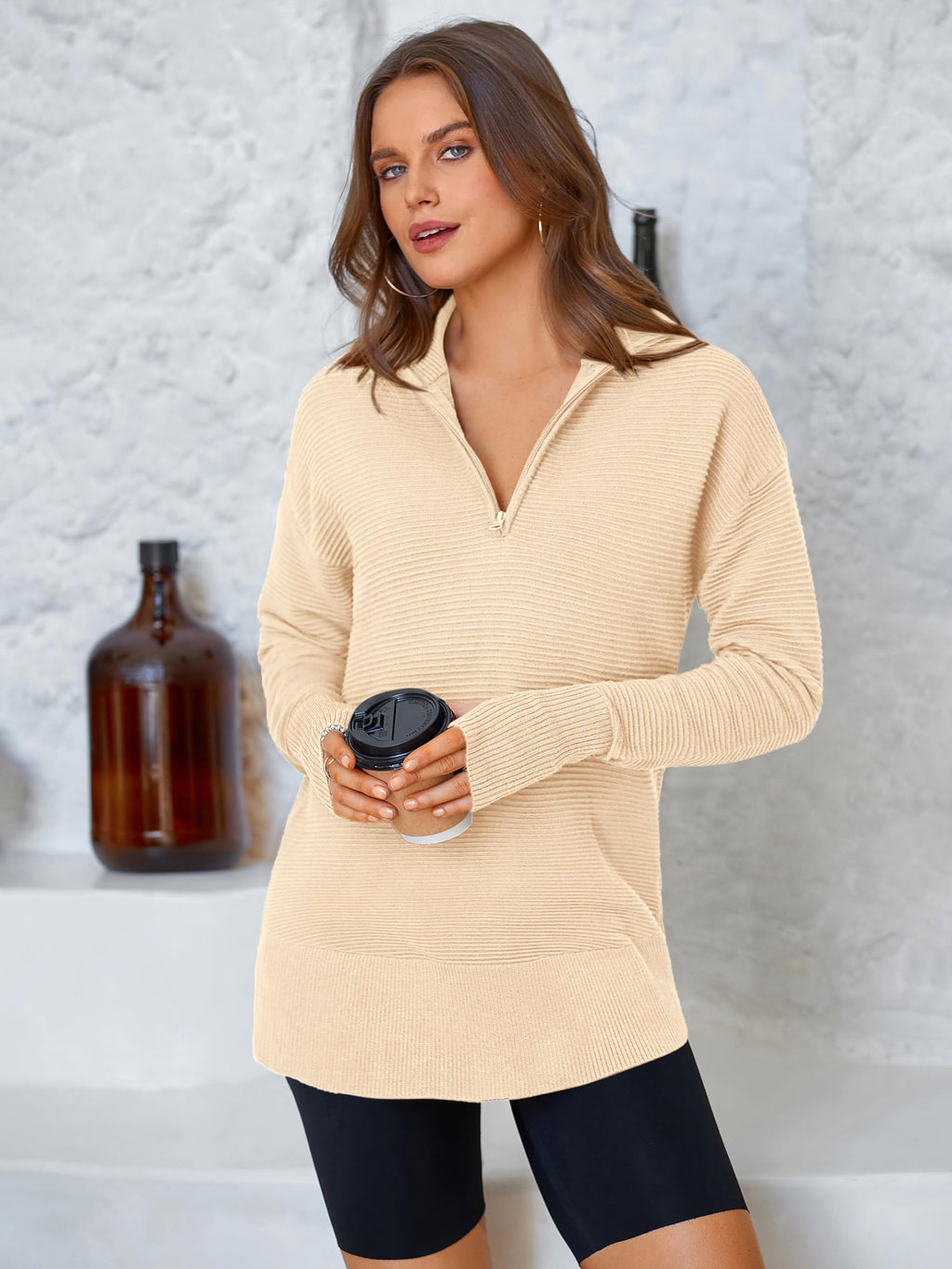 PRETTYGARDEN Womens Long Sleeve Quarter Zip Pullover Sweater Casual Loose V Neck Collared Ribbed Knit Jumper Tops Thumb Hole