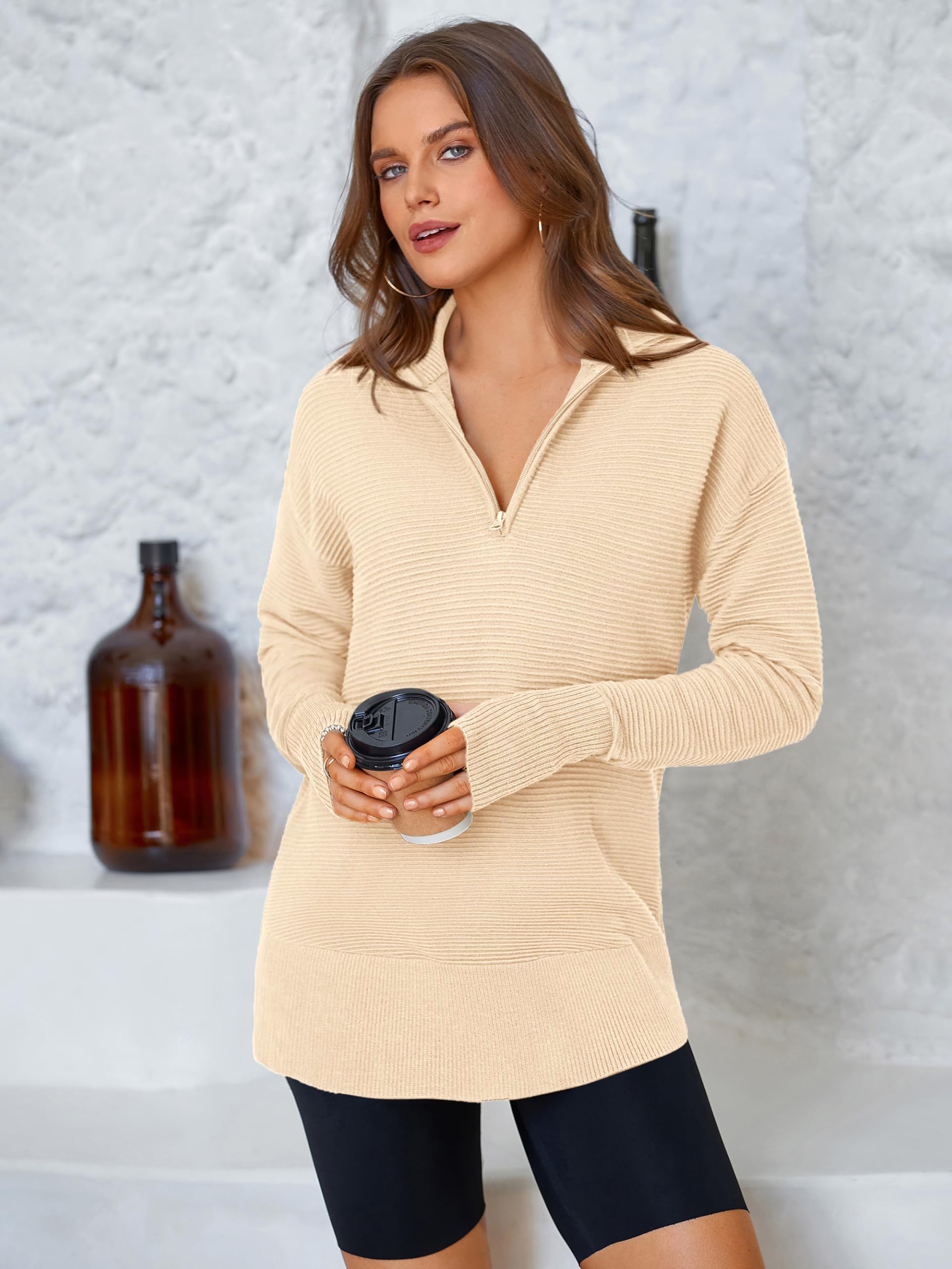 PRETTYGARDEN Womens Long Sleeve Quarter Zip Pullover Sweater Casual Loose V Neck Collared Ribbed Knit Jumper Tops Thumb Hole