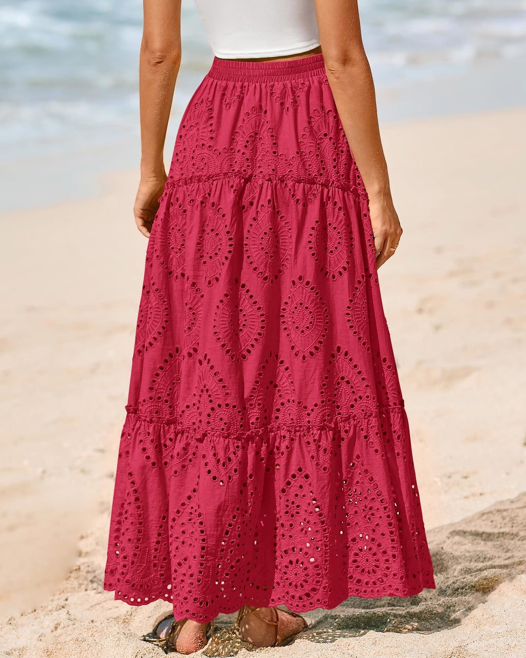 BTFBM Long Skirts for Women Summer Boho Lace Embroidery High Waist Flowy Tiered Spring Maxi Skirt Beach Vacation