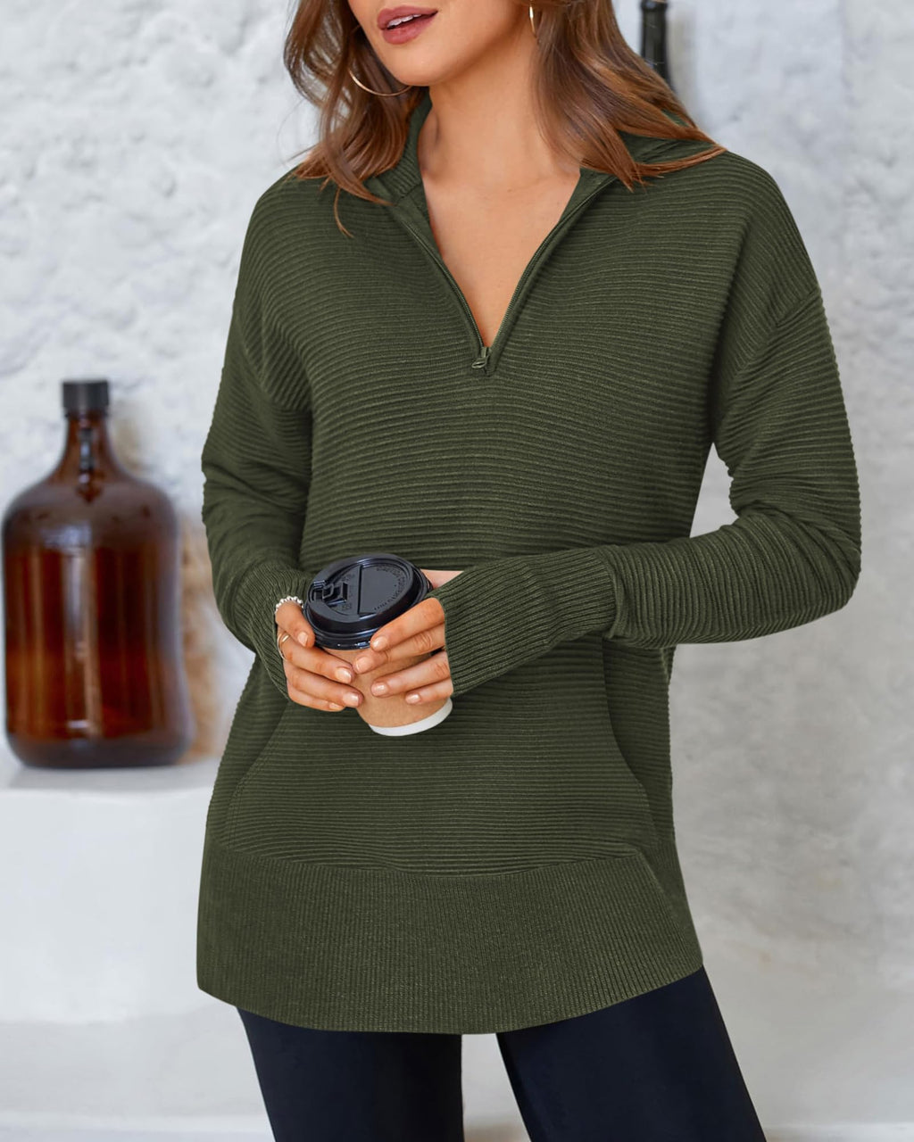 BTFBM Sweaters for Women Fall Clothes Pocket Quarter Zip Pullover V Neck Long Sleeve Knit Trendy Winter Sweater