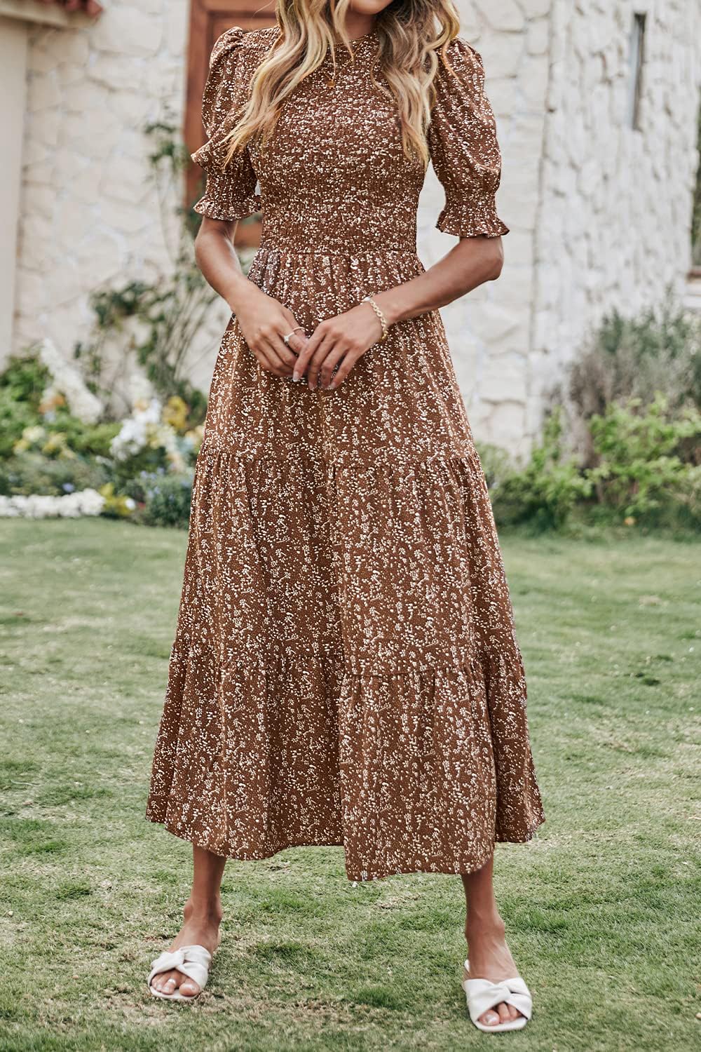 FreshPretty Women Casual Summer Dresses Spring Crew Neck Ruffle Short Sleeve Floral Print Smocked Boho Flowy Maxi Dress