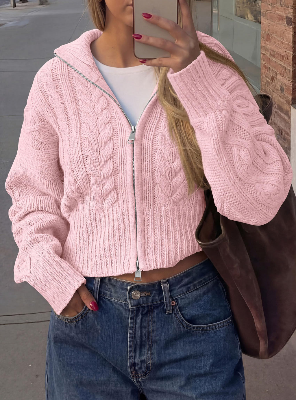 PRETTYGARDEN Women's Cable Knit Cropped Cardigan Sweaters Oversized Sweater, Long Sleeve Zip Up Jacket, Collared Neck, Ribbed Hem, Cozy Soft Casual Wear, Fall Clothes Winter Outerwear