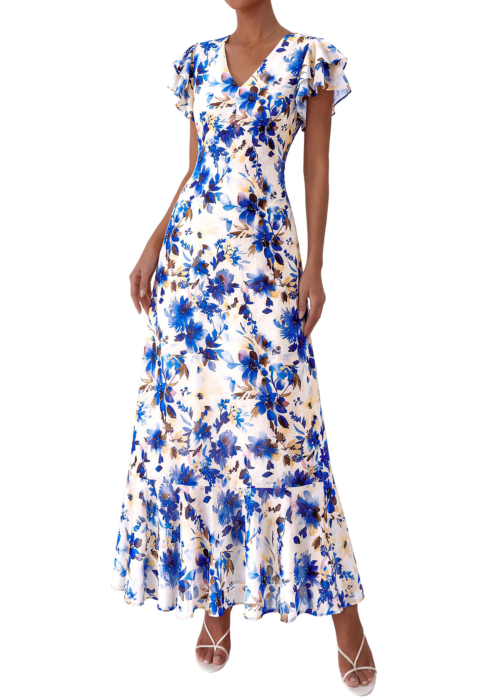 PRETTYGARDEN Womens Summer Floral Maxi Dresses Spring Short Sleeve Ruffle V Neck Flowy Boho Long Beach Vacation Sundress