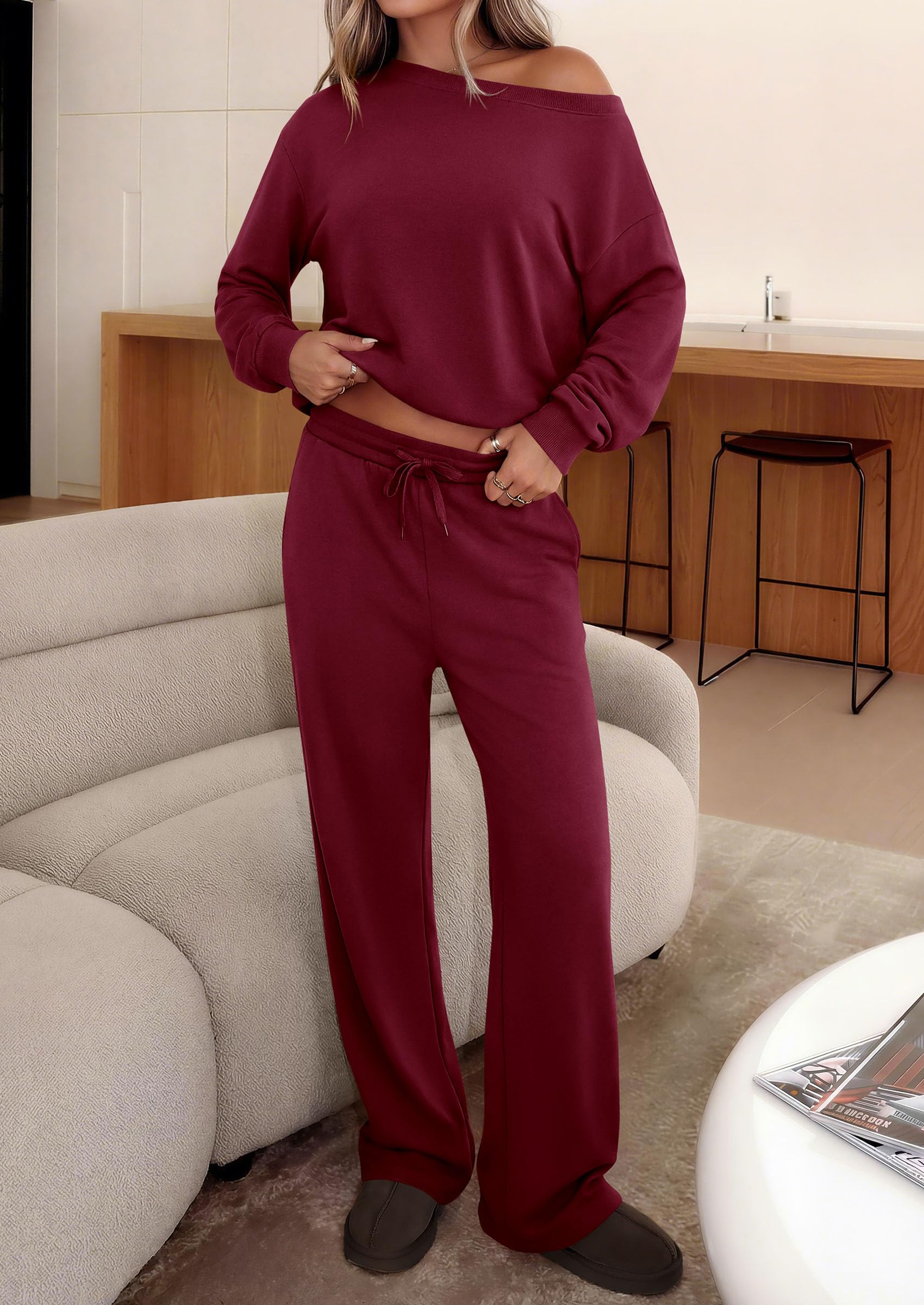 PRETTYGARDEN Womens 2 Piece Casual Matching Lounge Sets Fashion Off the Shoulder Sweatshirt, Wide Leg Pants with Pockets, Comfy Airport Travel Outfit,Trendy Fall Set