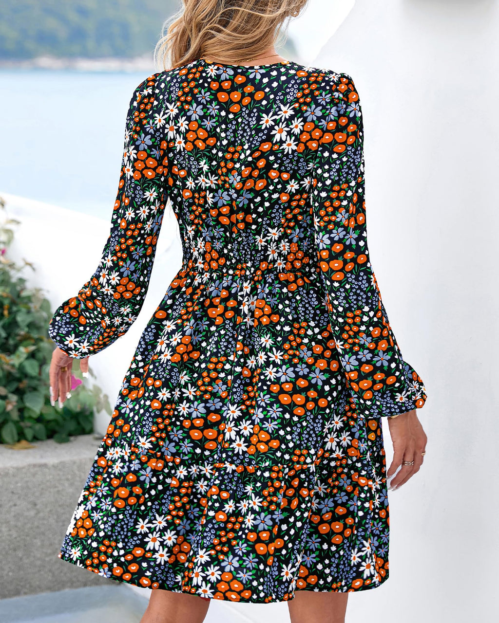 BTFBM Spring Dresses for Women Mini Long Sleeve Elastic Waist Summer Vacation Outfits Floral Wedding Guest Dress