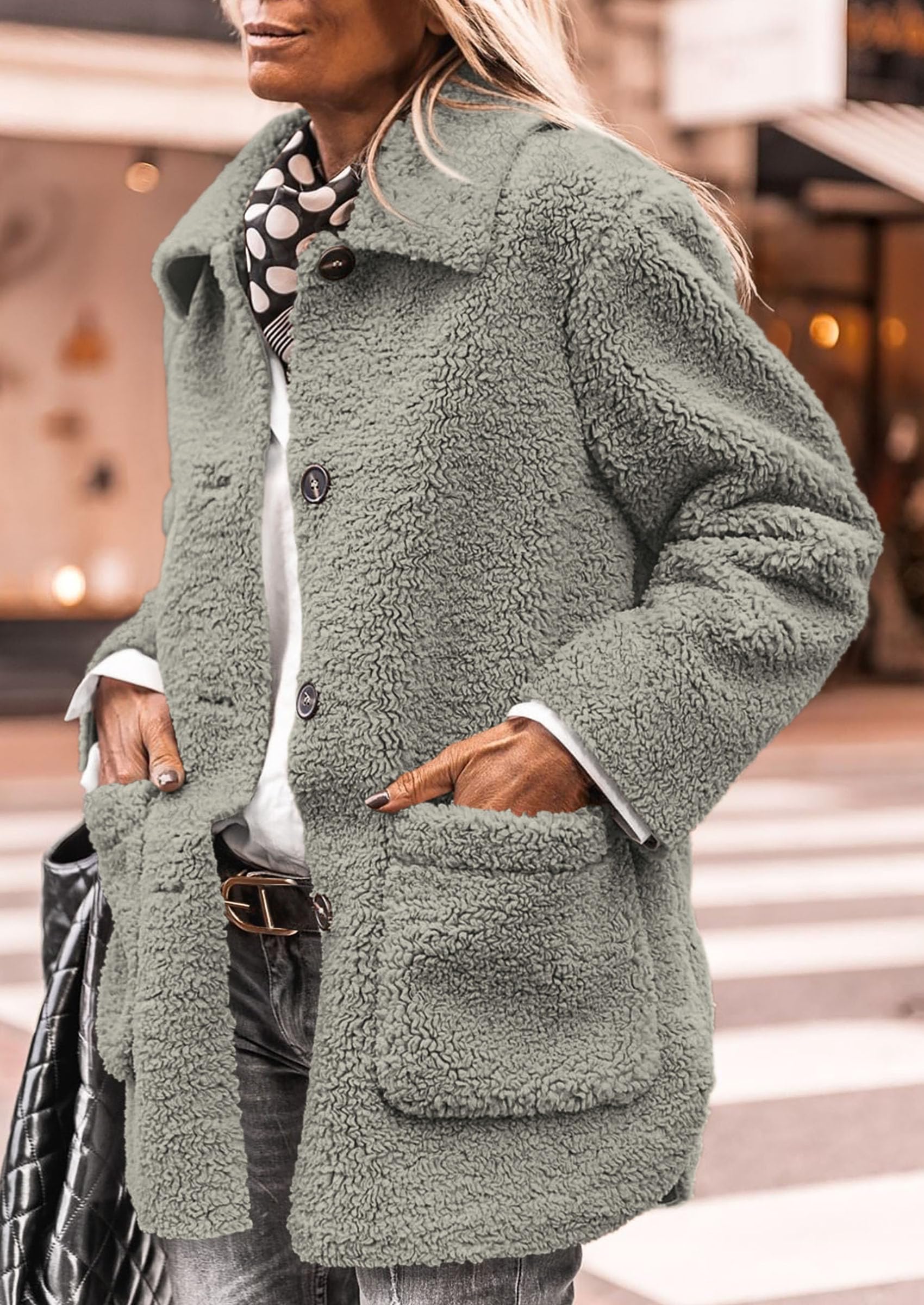 PRETTYGARDEN Women's Winter Faux Fur Coats Long Sleeve Lapel Button Down Pockets Fleece Sherpa Jacket Casual Trendy Outerwear