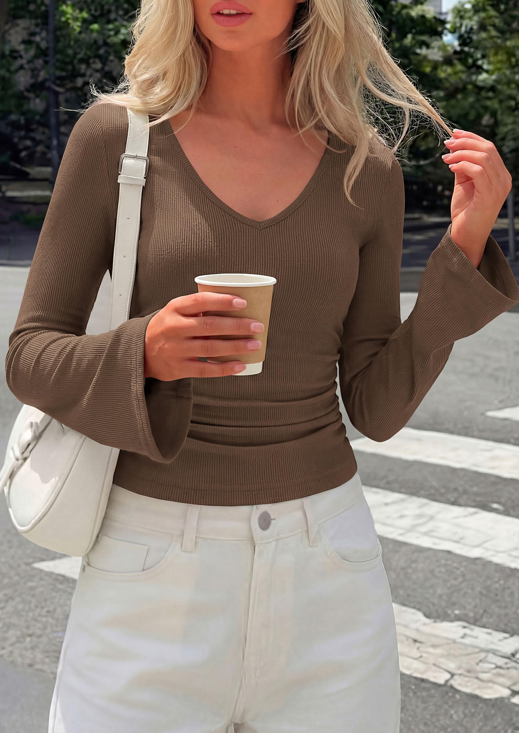 PRETTYGARDEN Women's Fall Trendy Bell Long Sleeve Tops | Soft Stretchy,Ribbed Textured,V Neck,Slim Fitted Shirts,Ruched Basic Tees,Y2K Going Out,Casual Outfits,Fashion Clothing