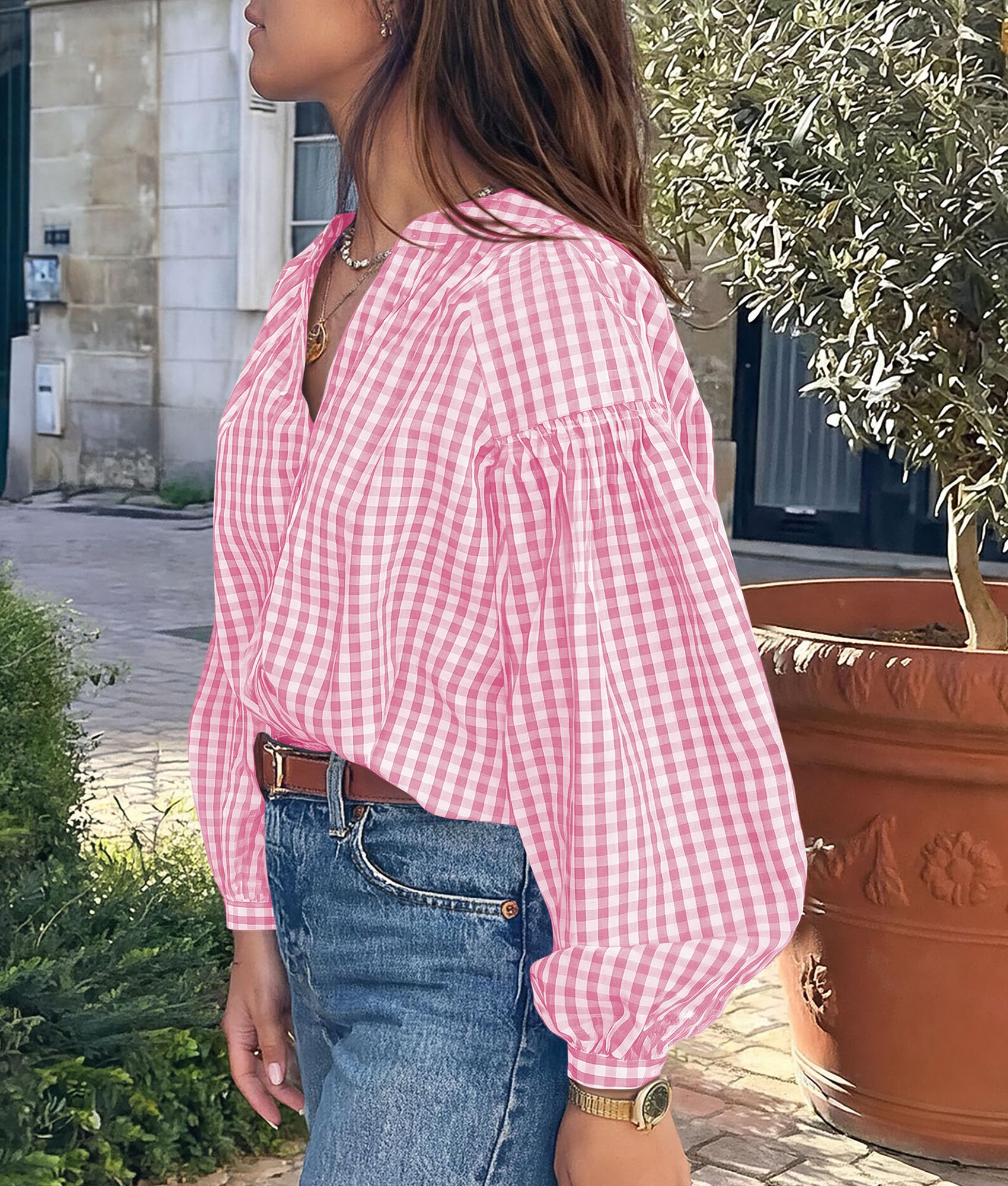 PRETTYGARDEN Women Fall Plaid Long Puff Sleeve Shirts V Neck Casual Blouses Gingham Button Down Oversized, Pleated Drop Shoulder Cotton Tops, Dressy Casual, Work Vacation Travel, Fall Outfits Trendy