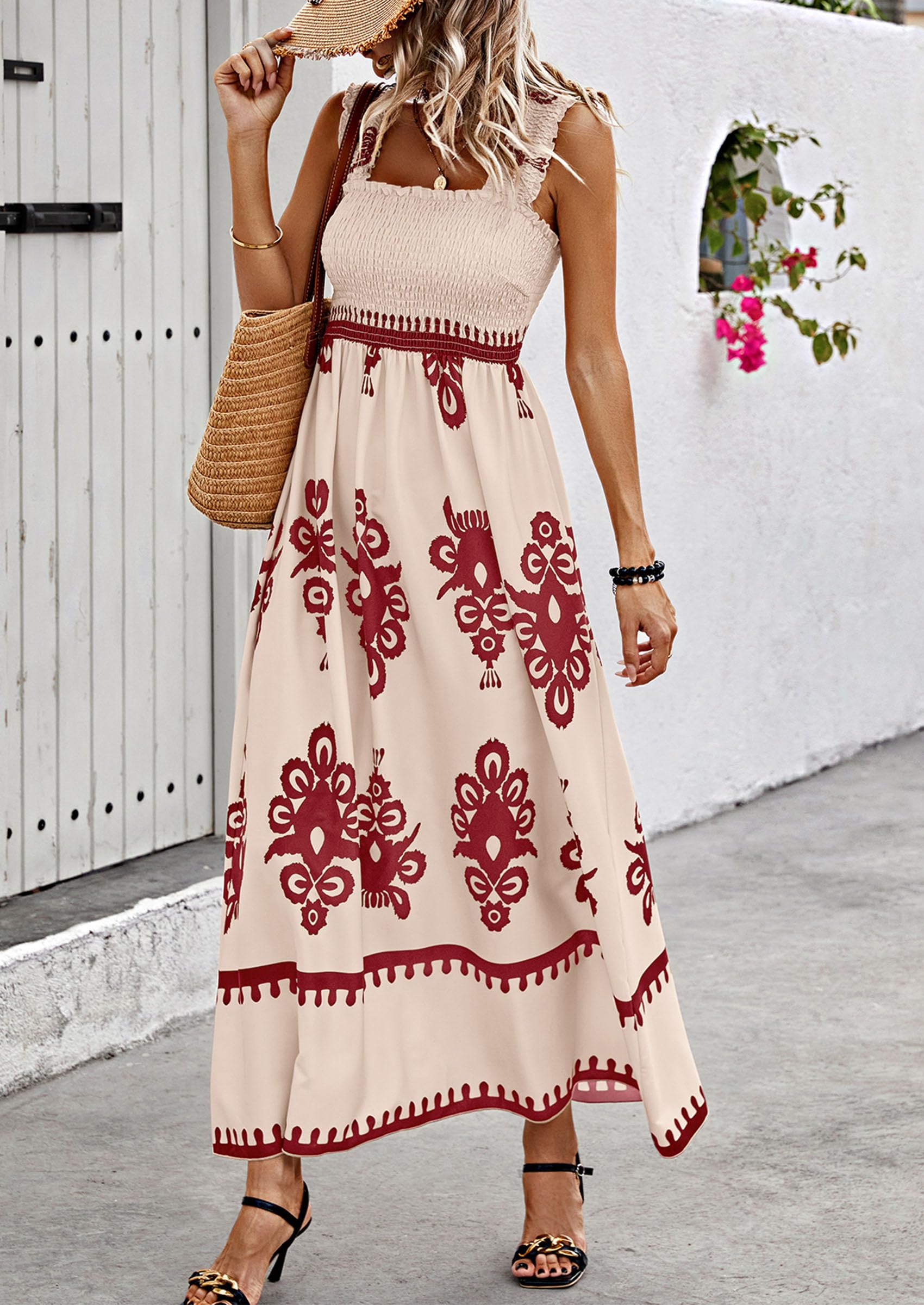 PRETTYGARDEN Womens Summer Boho Maxi Dress Casual Sleeveless Square Neck Floral Aline Smocked Beach Dresses with Pockets