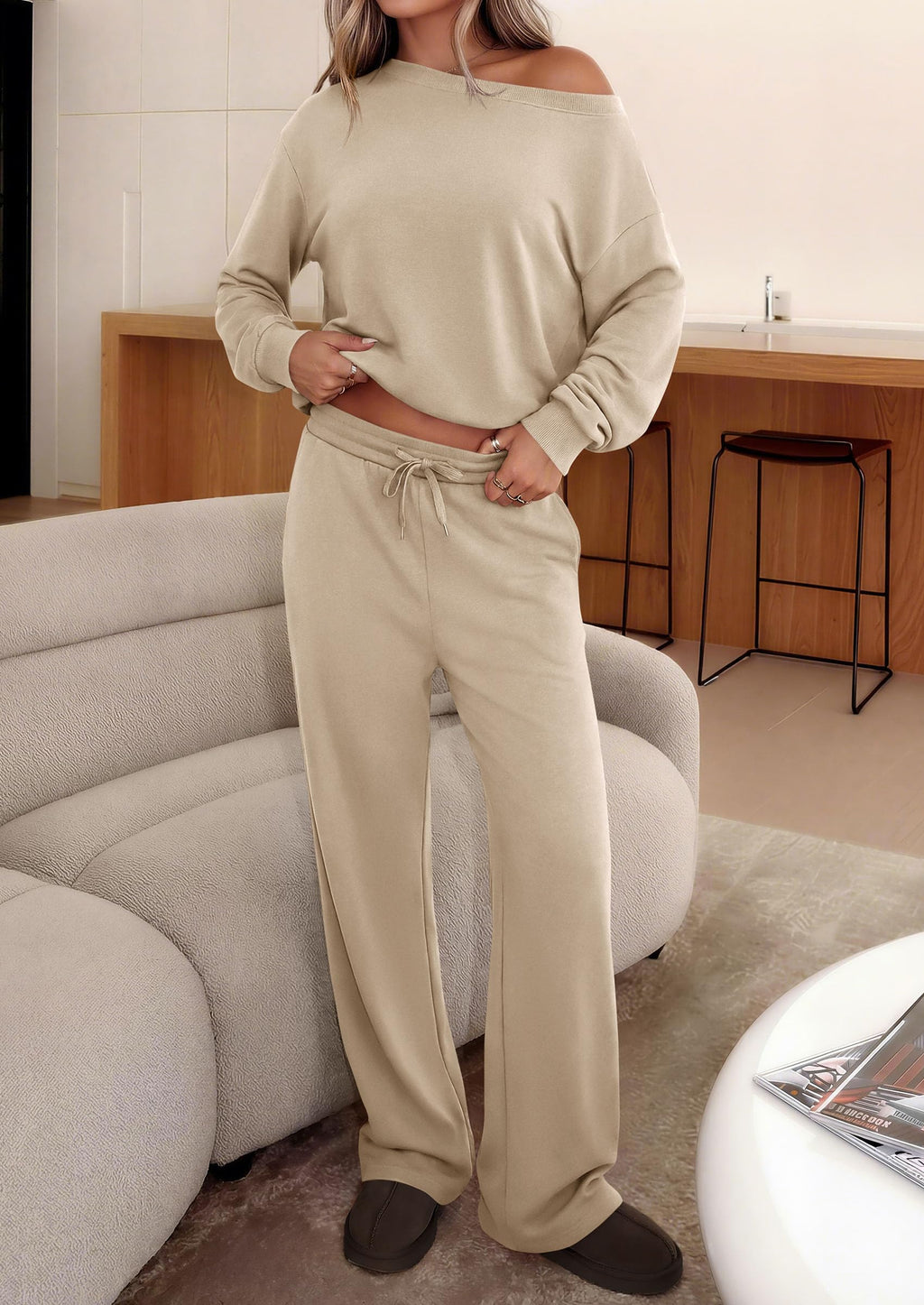 PRETTYGARDEN Womens 2 Piece Casual Matching Lounge Sets Fashion Off the Shoulder Sweatshirt, Wide Leg Pants with Pockets, Comfy Airport Travel Outfit,Trendy Fall Set