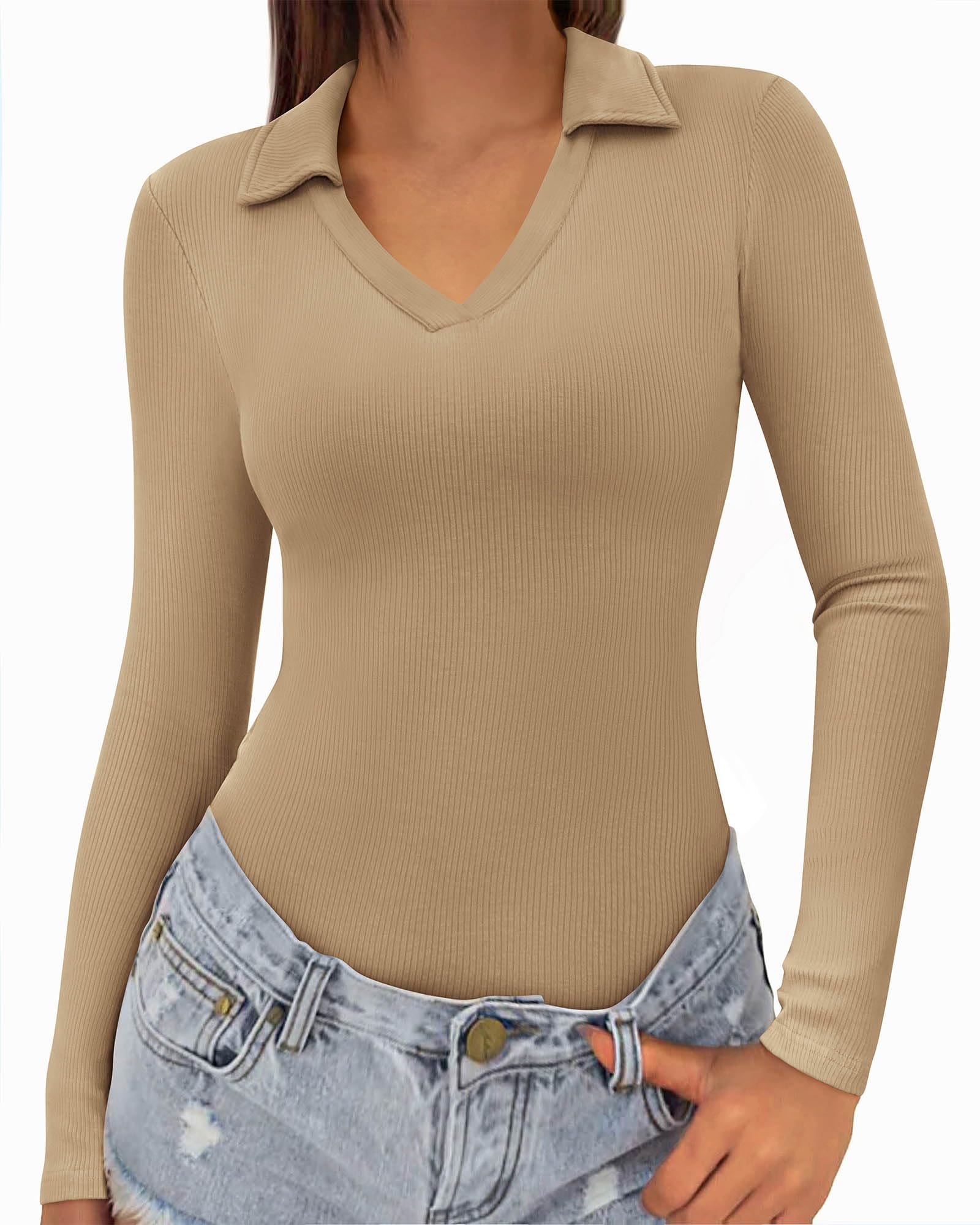 FreshPretty Polo Shirts for Women Long Sleeve Business Casual Tops Spring Fall Ribbed Knit Collared V Neck Slim Work Blouses
