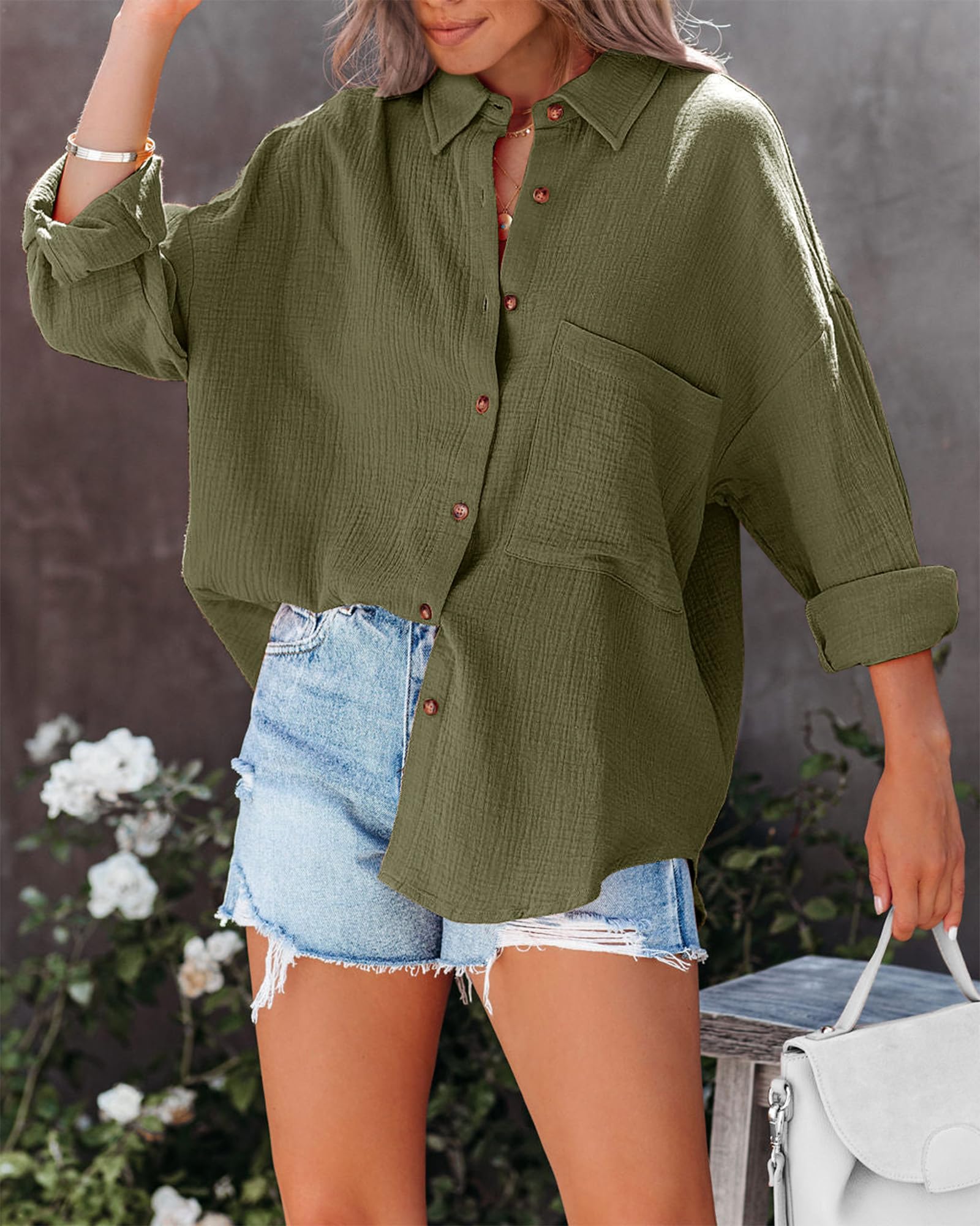 FreshPretty Casual Shirts for Women Long Sleeve Button Down Blouses Fall Solid Color Trendy Tops with Pocket