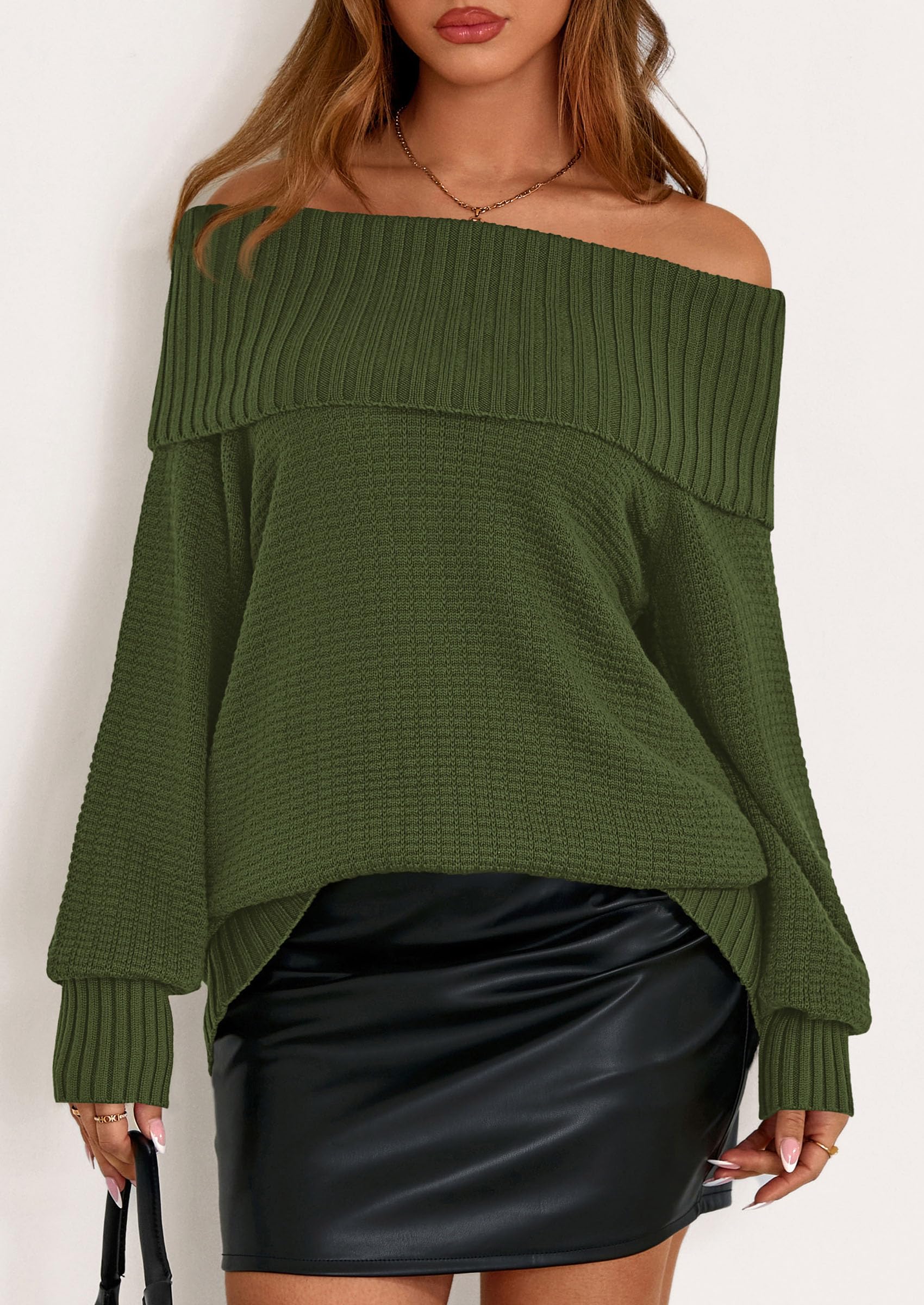 PRETTYGARDEN Womens Off The Shoulder Sweater Long Sleeve Tops Loose Knit Pullover Sweaters Fashion Fall Clothes