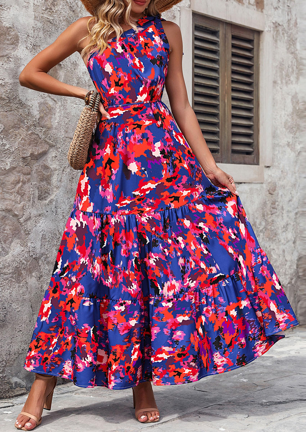 PRETTYGARDEN Women's Summer Floral One Shoulder Maxi Dress Knot Ruffle Boho Beach Vacation Wedding Guest Long Sun Dresses