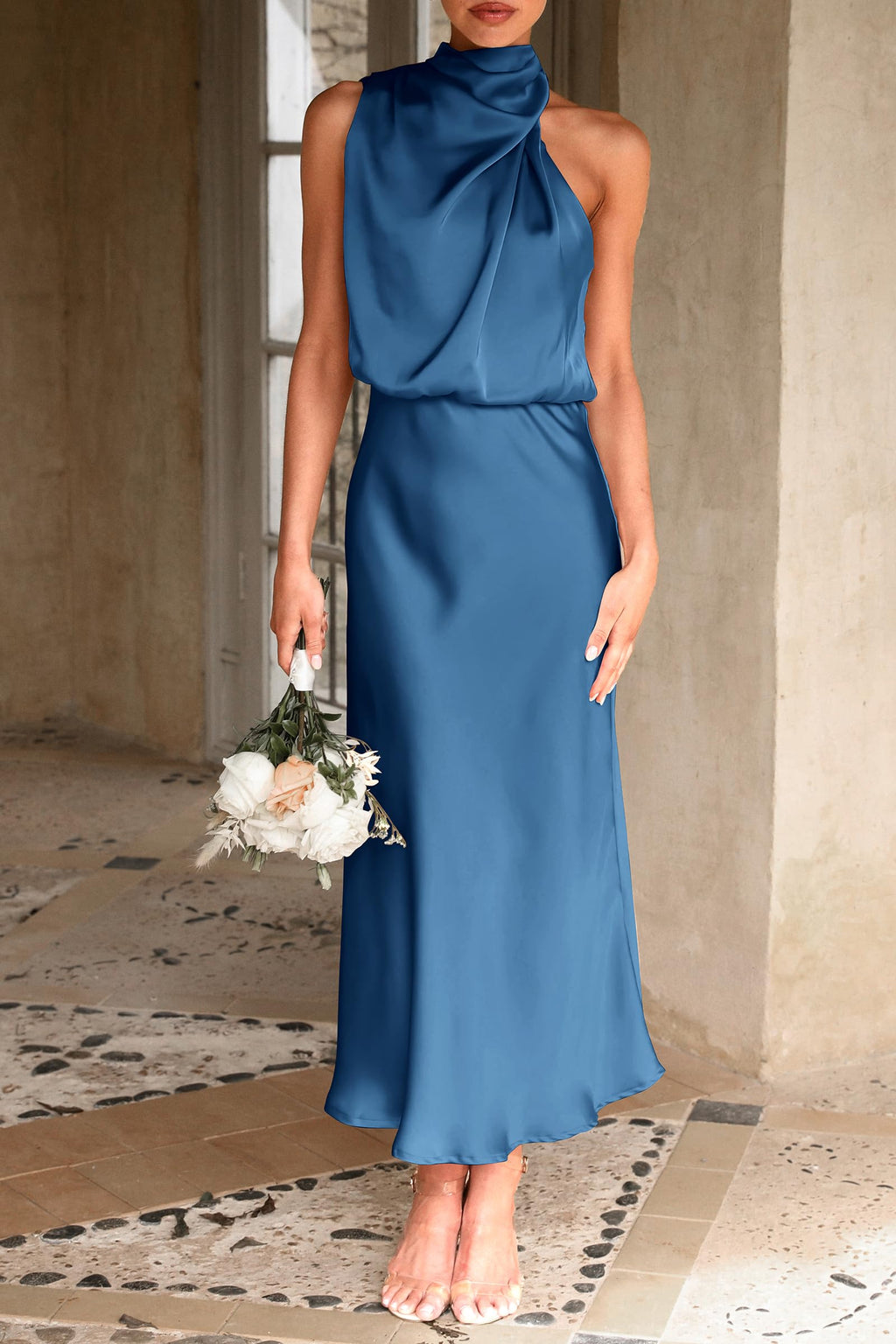PRETTYGARDEN Women's Summer Satin Dress Elegant Sleeveless Mock Neck Cocktail Party Maxi Dresses