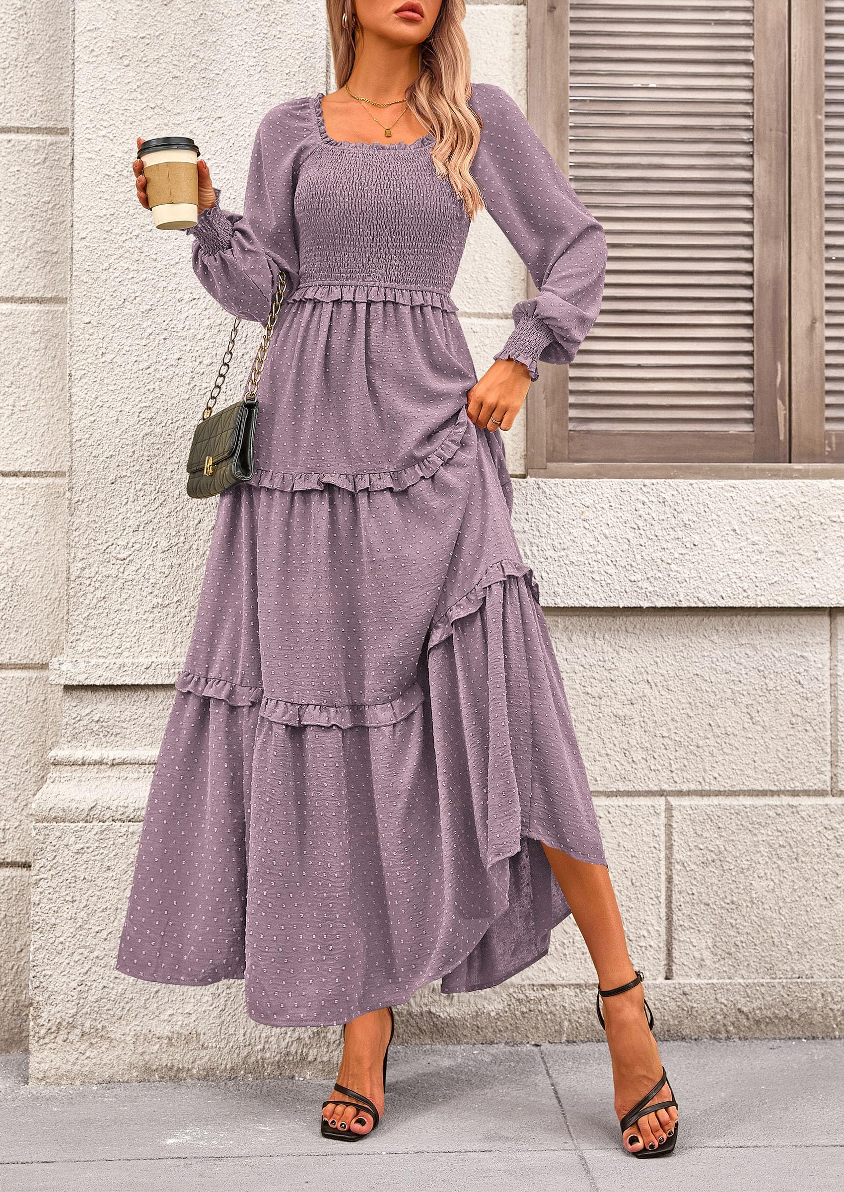 PRETTYGARDEN Fall Dresses for Women Long Sleeve Smocked Square Neck Swiss Dot Tiered Flowy Wedding Guest Maxi Dress
