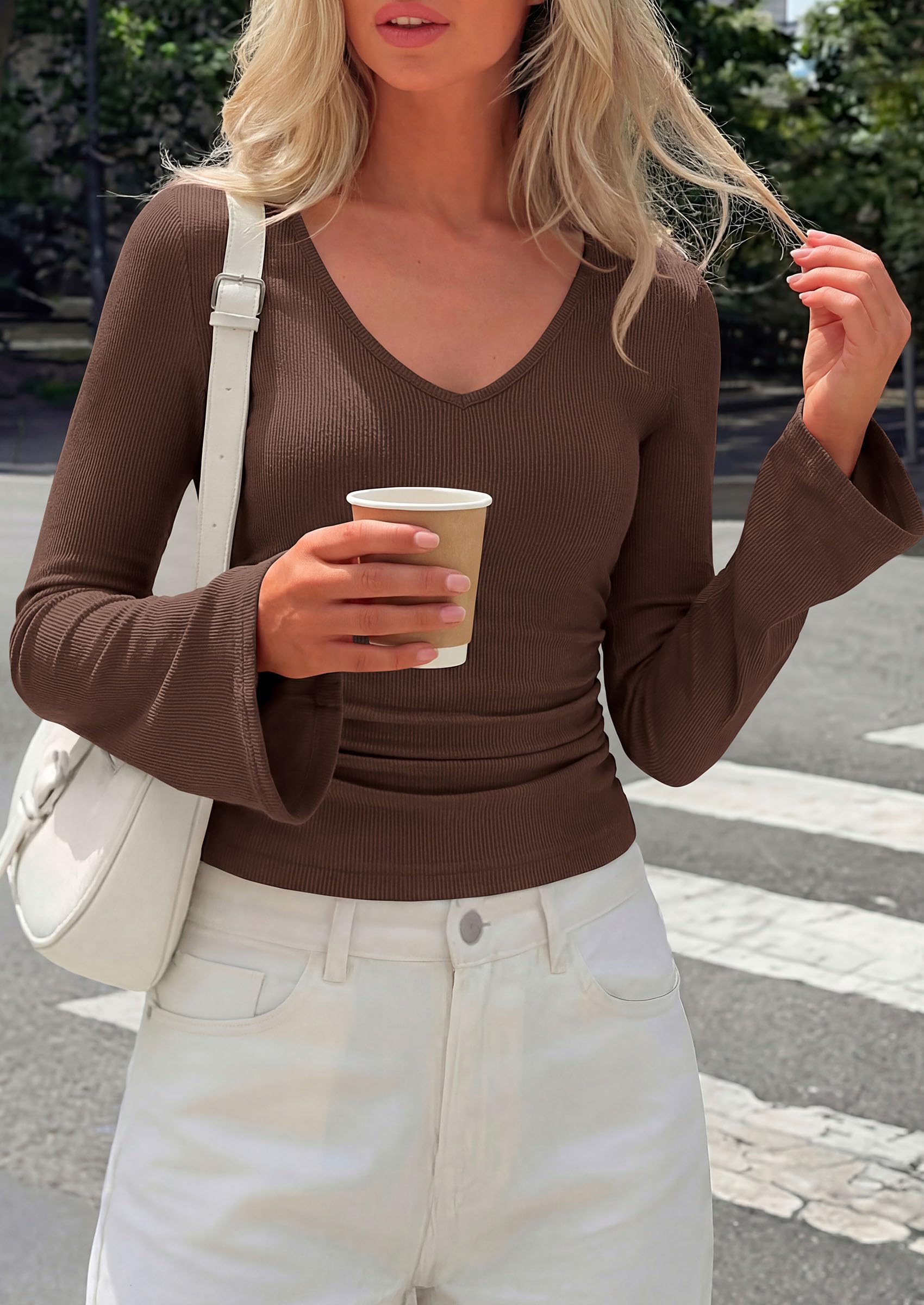 PRETTYGARDEN Women's Fall Trendy Bell Long Sleeve Tops | Soft Stretchy,Ribbed Textured,V Neck,Slim Fitted Shirts,Ruched Basic Tees,Y2K Going Out,Casual Outfits,Fashion Clothing