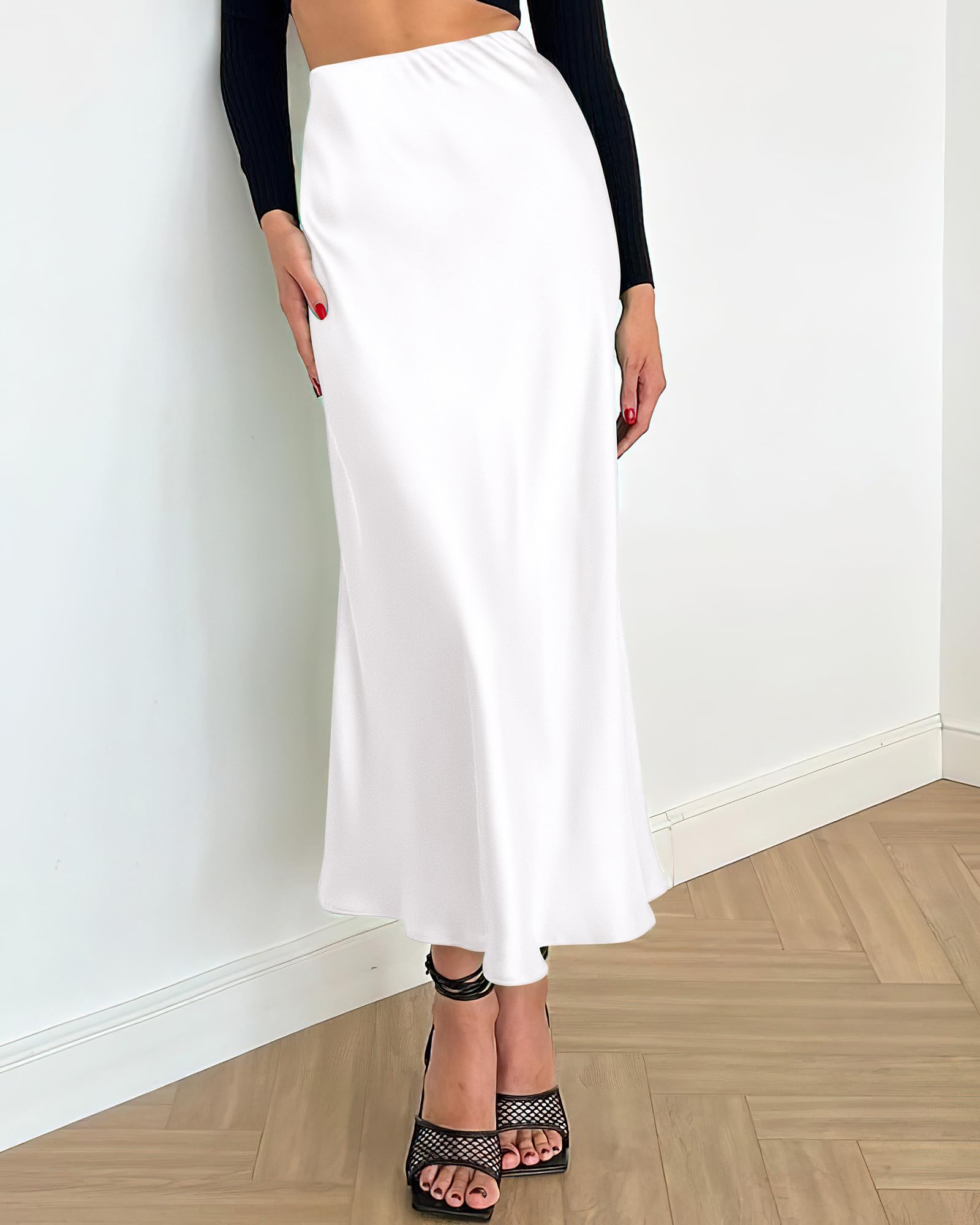 BTFBM Summer Womens Skirts Silk Elegant High Waist Flowy Long Satin A-Line Midi Skirt Cocktail Wedding Party