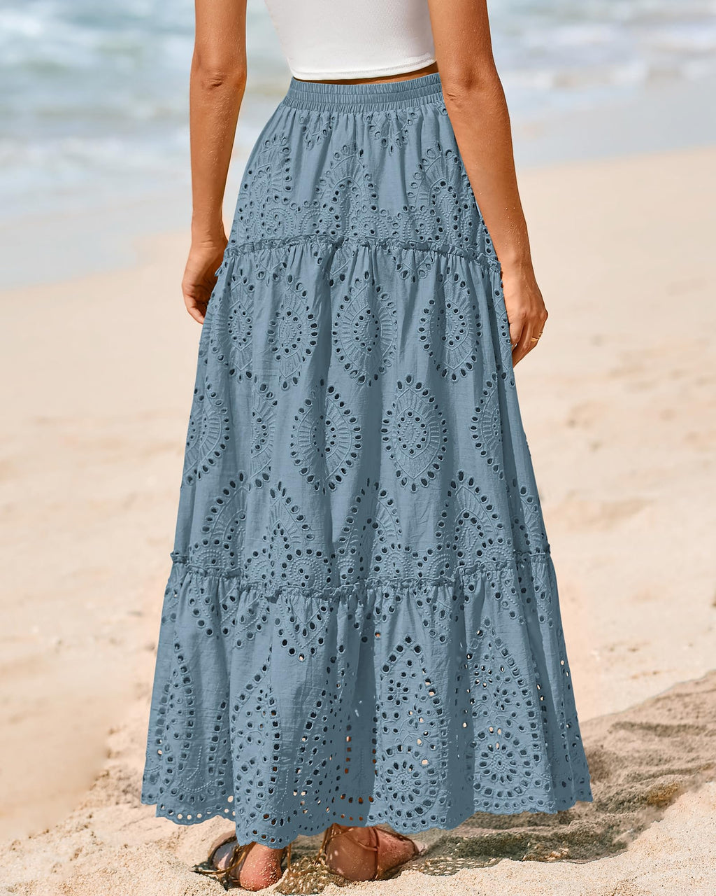 BTFBM Long Skirts for Women Summer Boho Lace Embroidery High Waist Flowy Tiered Spring Maxi Skirt Beach Vacation