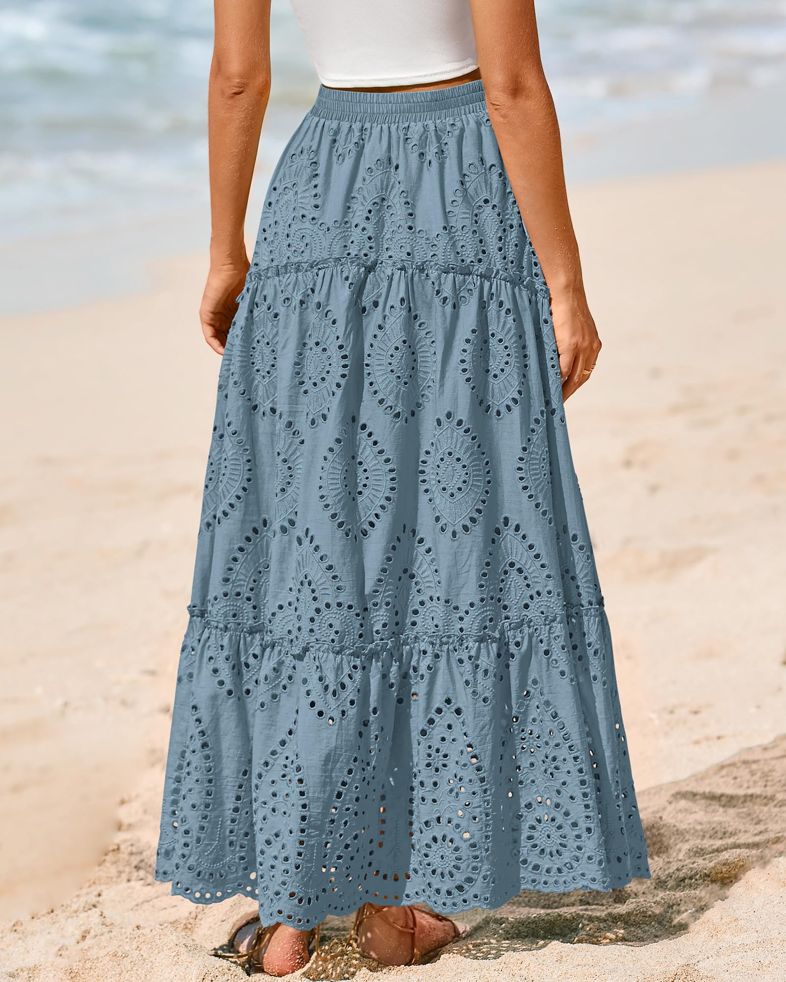 BTFBM Long Skirts for Women Summer Boho Lace Embroidery High Waist Flowy Tiered Spring Maxi Skirt Beach Vacation