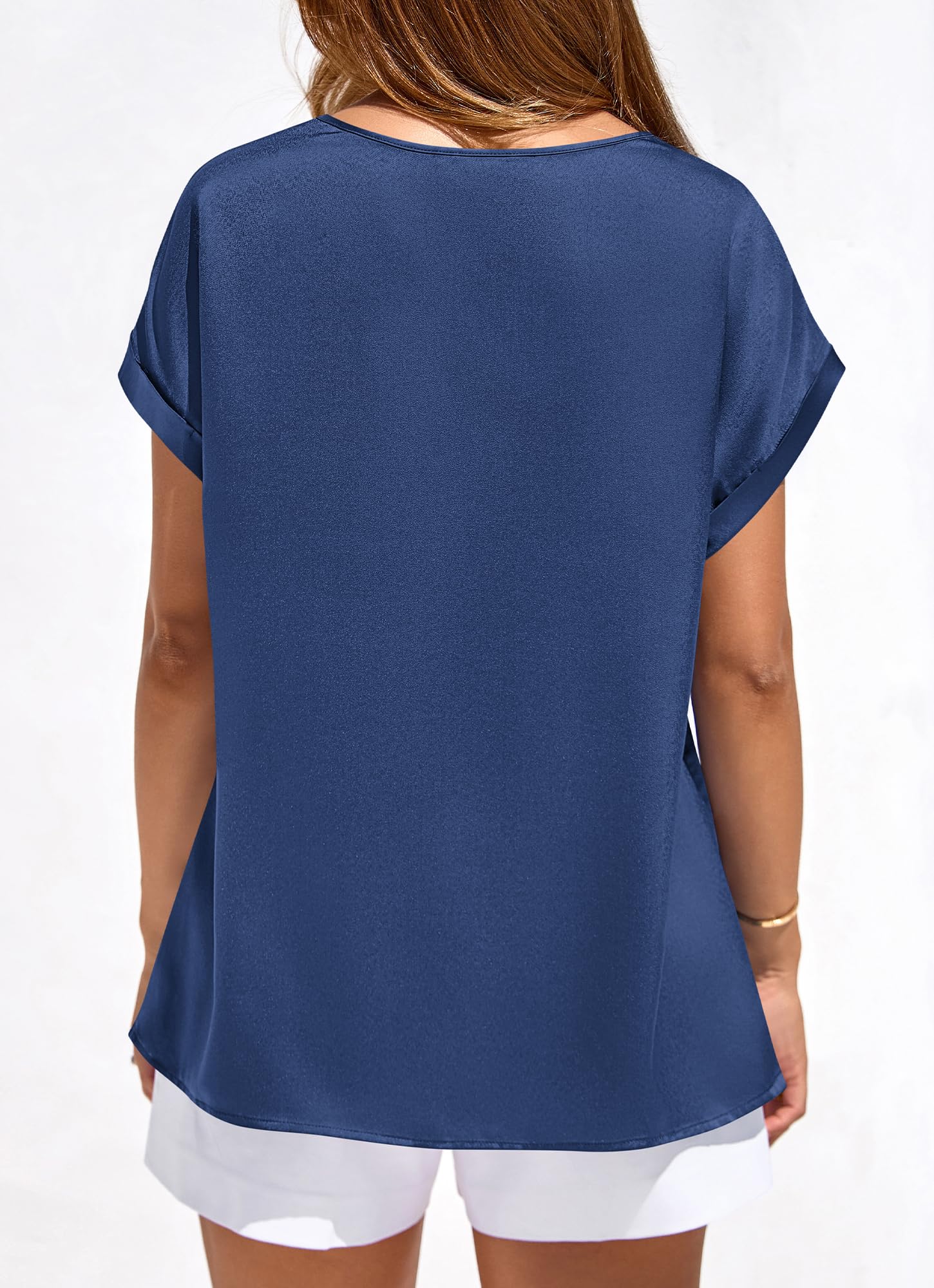FreshPretty Womens Summer Tops Satin Silk Crewneck Short Sleeve Shirts Work Business Outfits Spring Blouses Dressy Casual